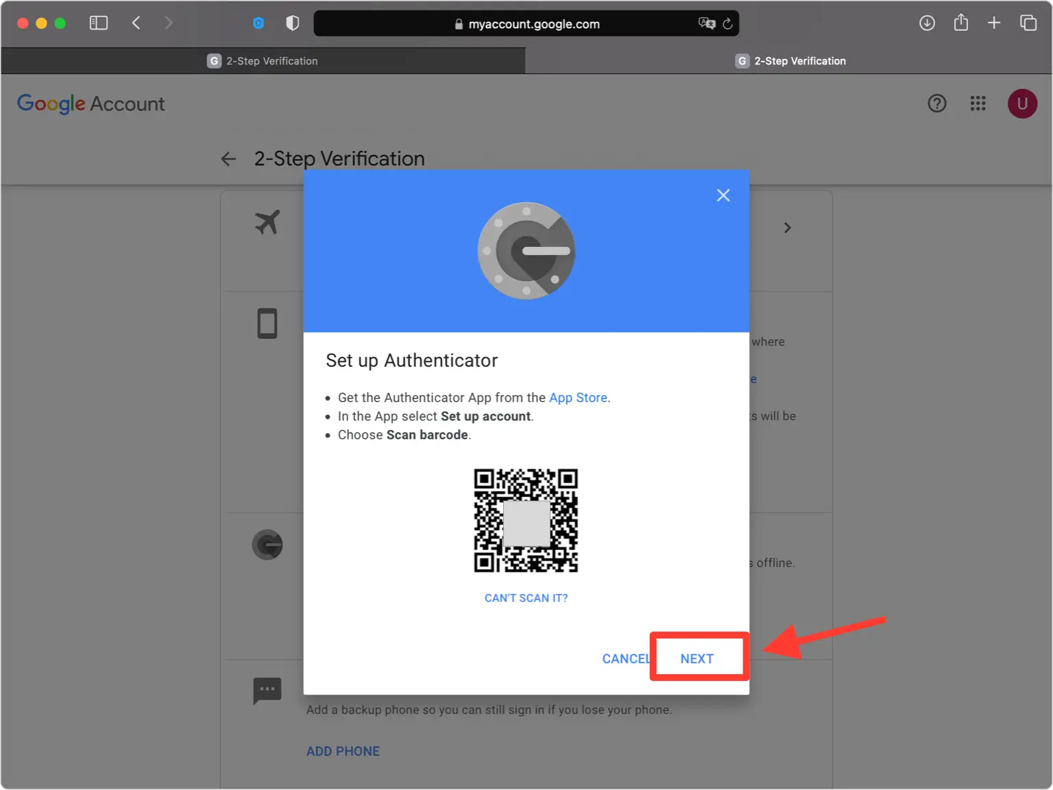 google 2FA setup — QR Code