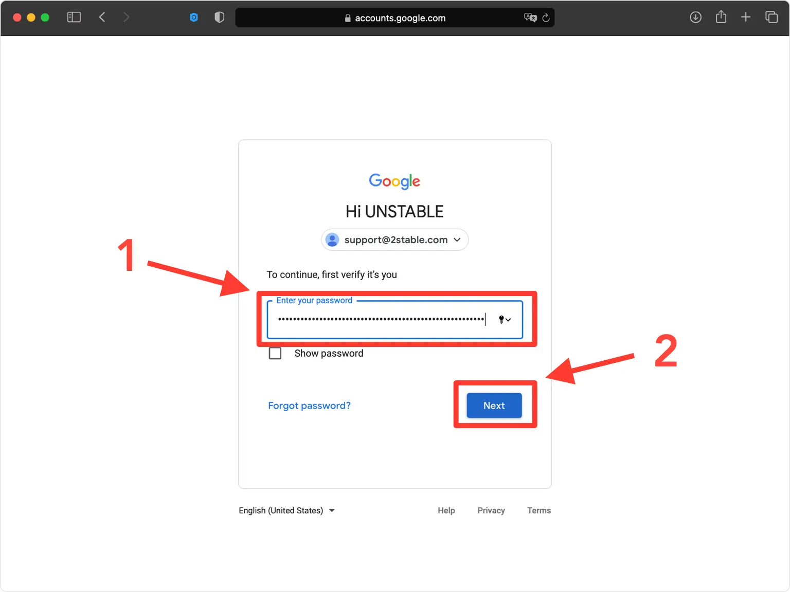 google 2FA setup — Confirm Password