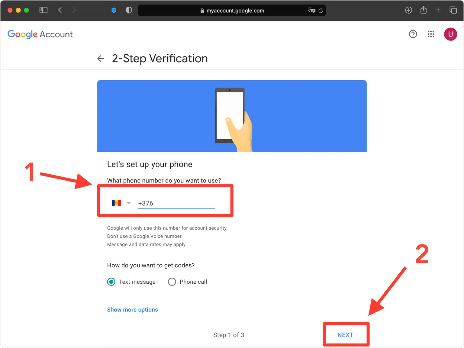 google 2FA setup — Confirm your phone number