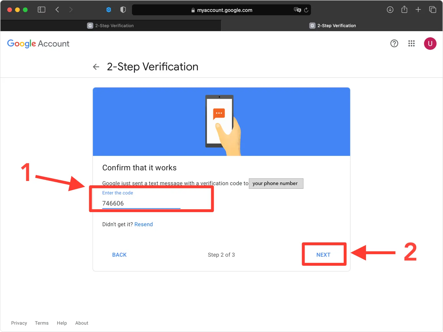 google 2FA setup — Verify your phone number