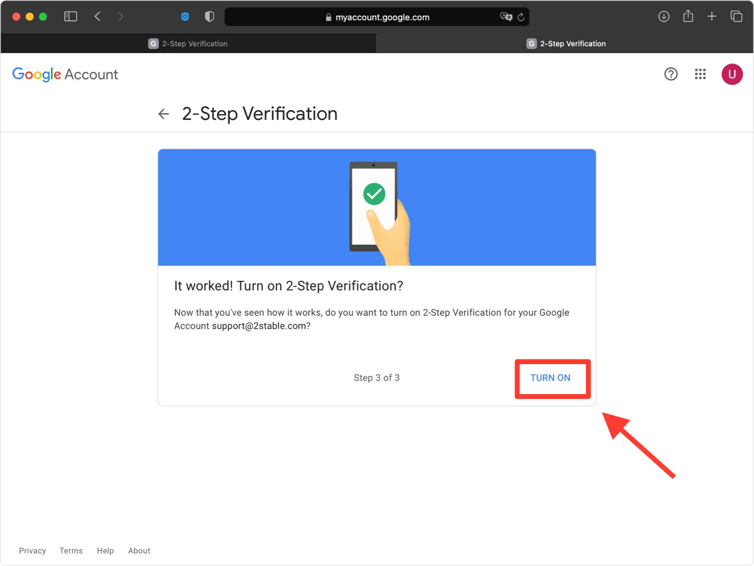 google 2FA setup — Turn On