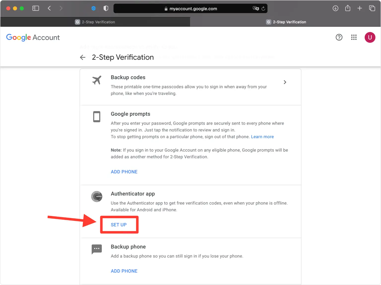 google 2FA setup — Choose MS Authenticator App