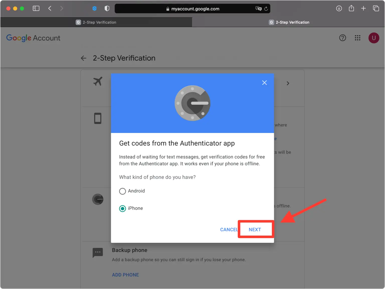 google 2FA setup — Select Device