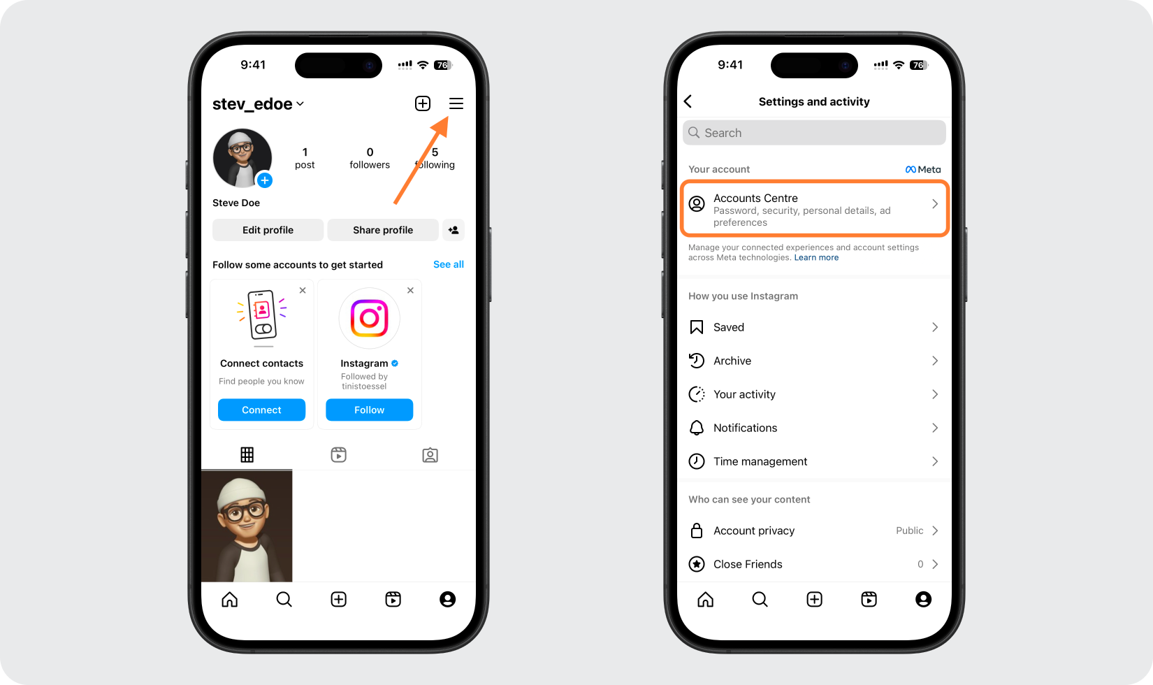 Instagram profile menu with the Accounts Center option