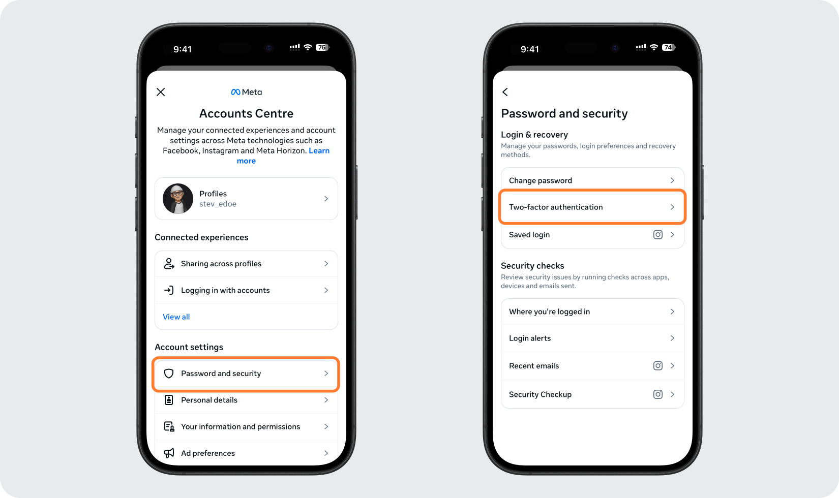 Accounts Center Password and security section in Instagram