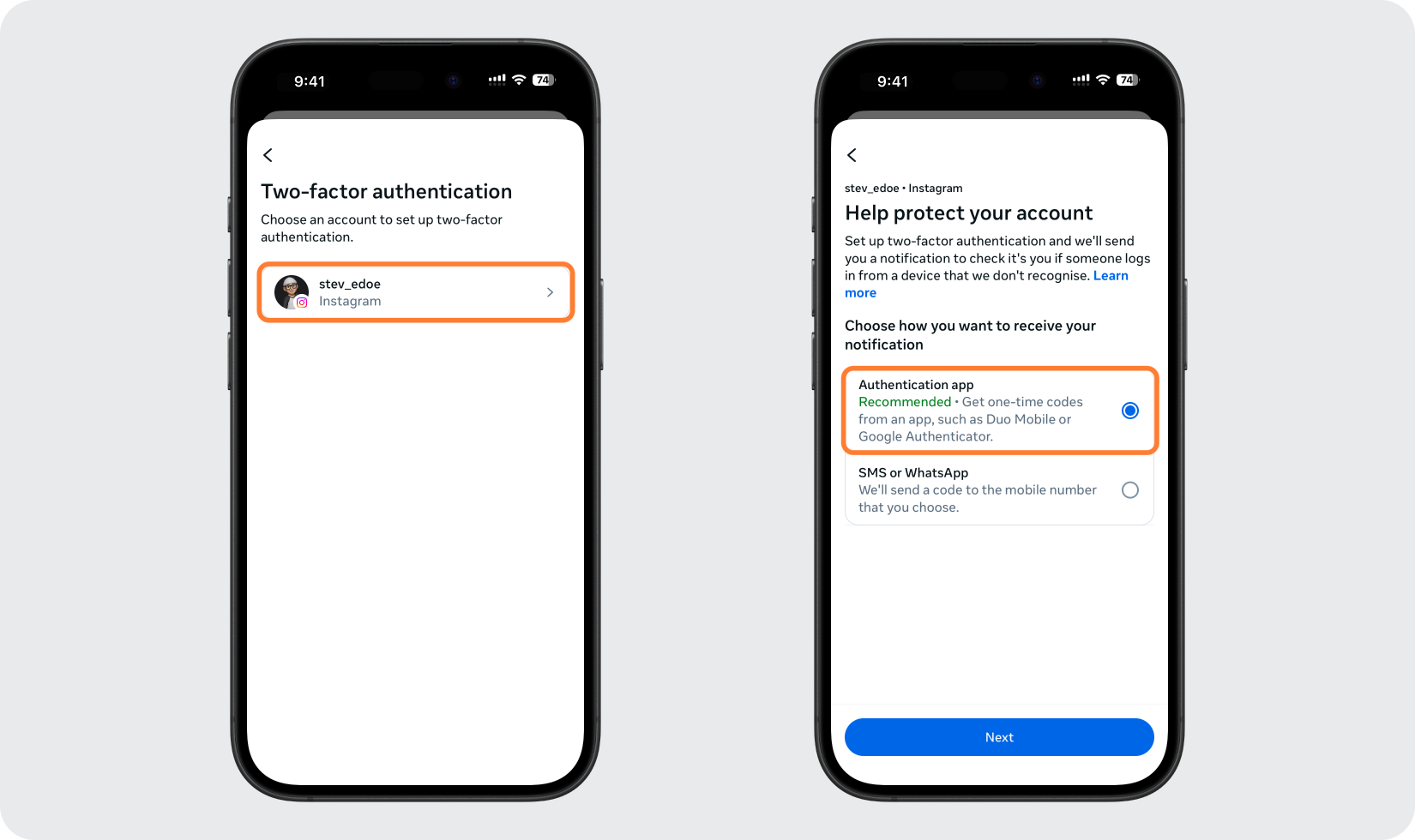 Instagram two-factor method choice with Authentication app selected