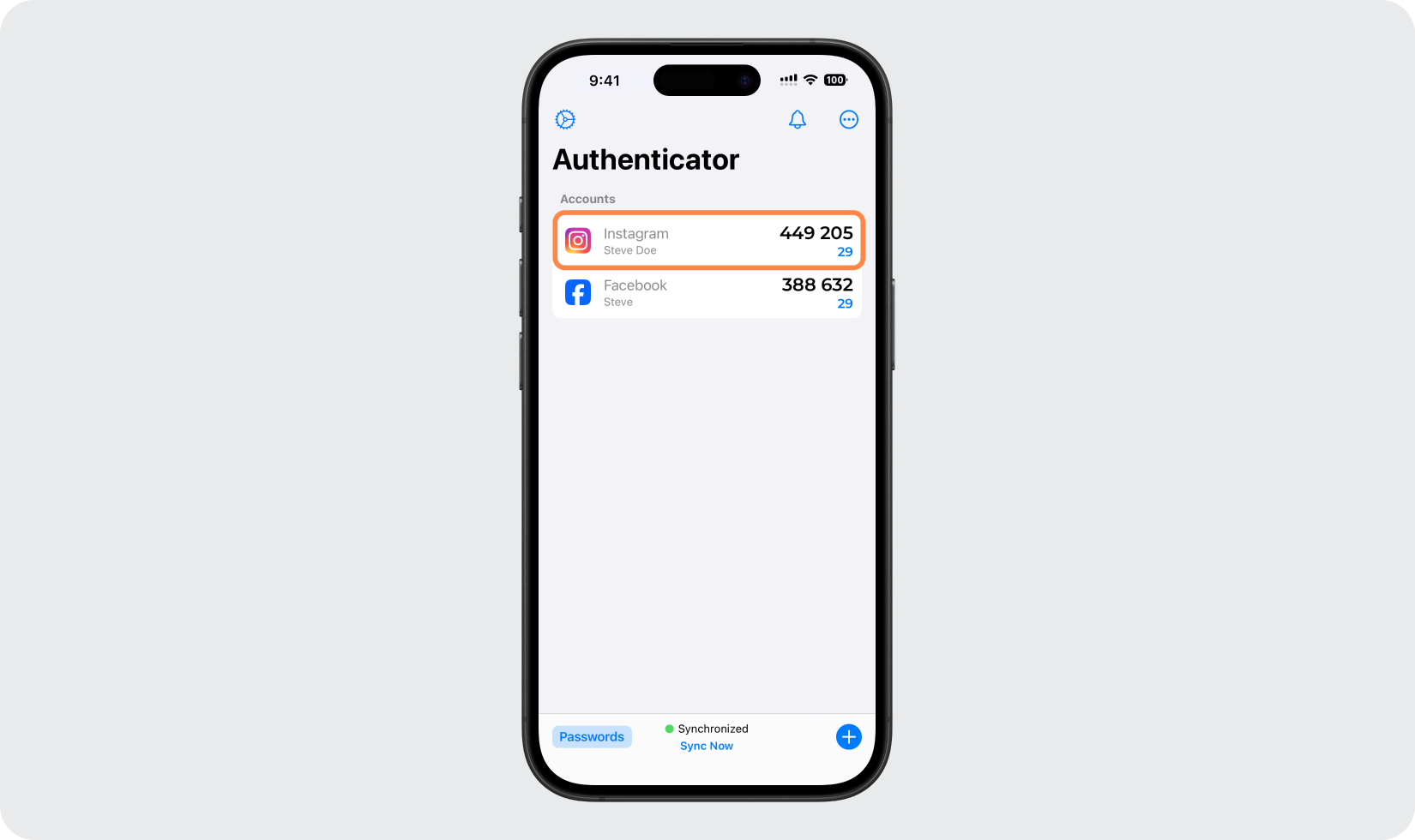 Instagram entry in Authenticator App - Novaz showing a 6-digit code