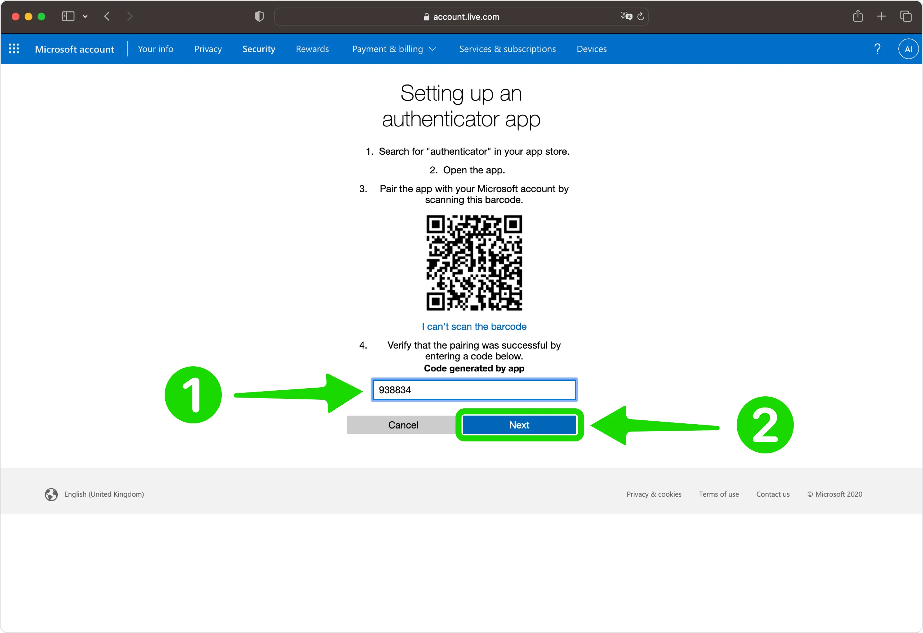 Microsoft code entry field for the authenticator code