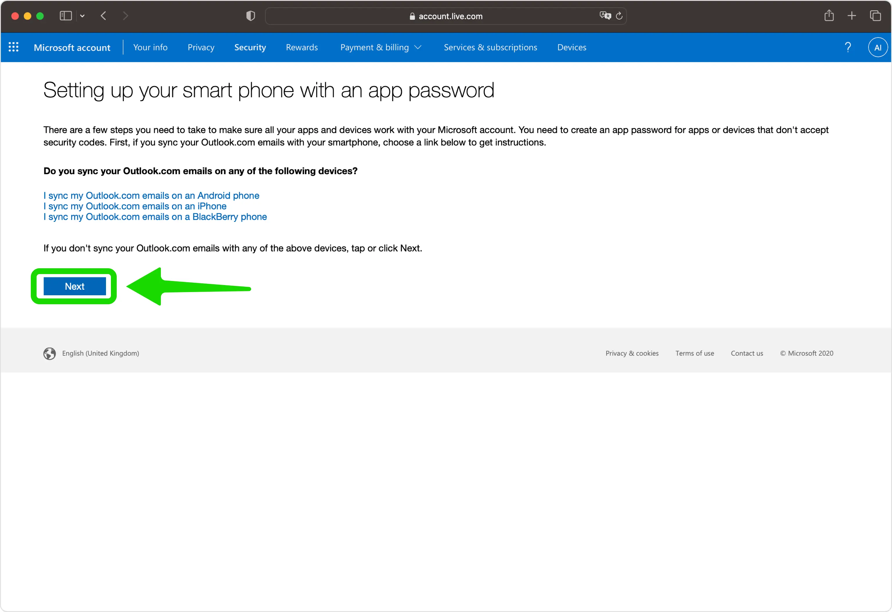 Microsoft setup screen with a Next button