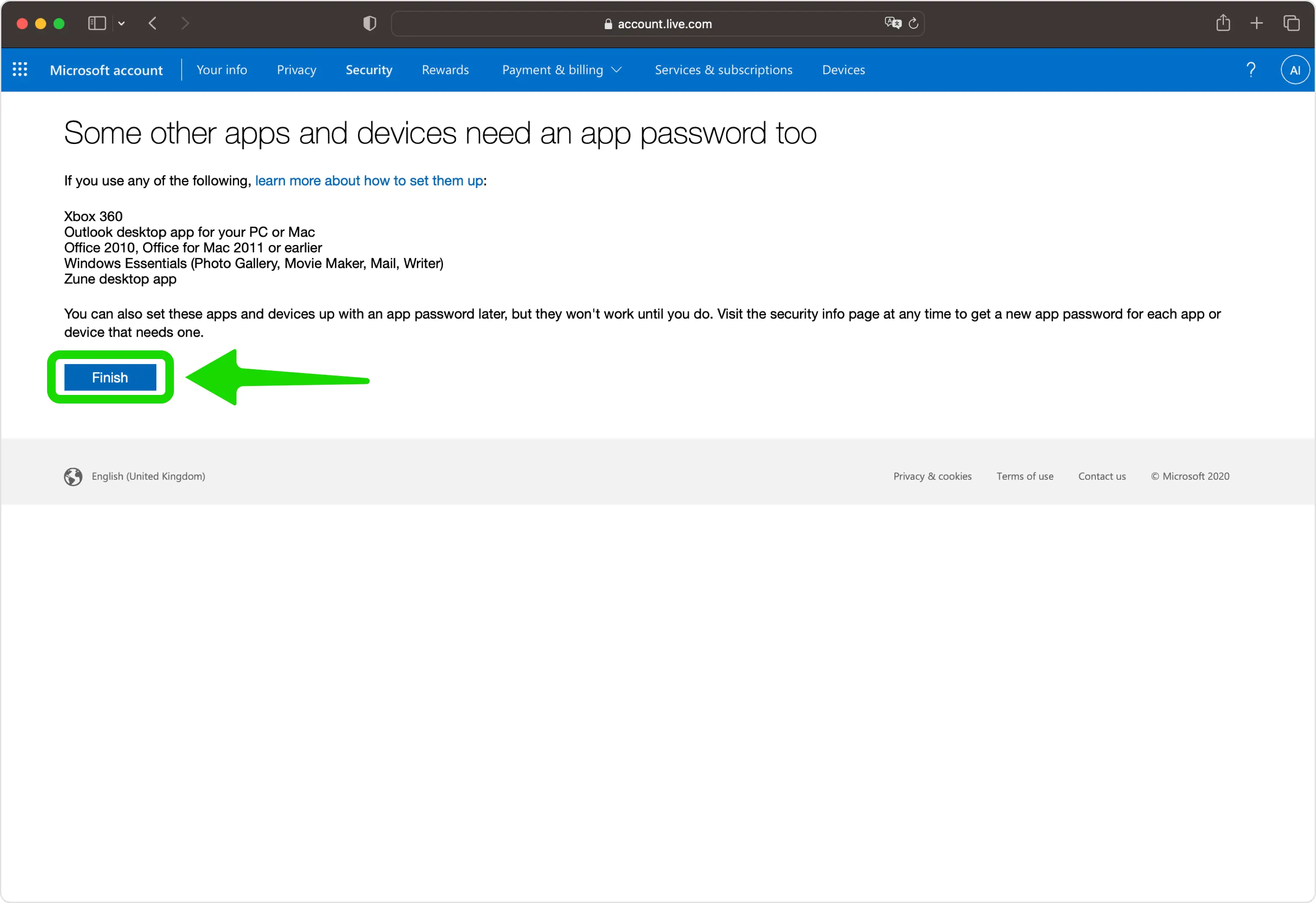 Microsoft confirmation screen with a Finish button