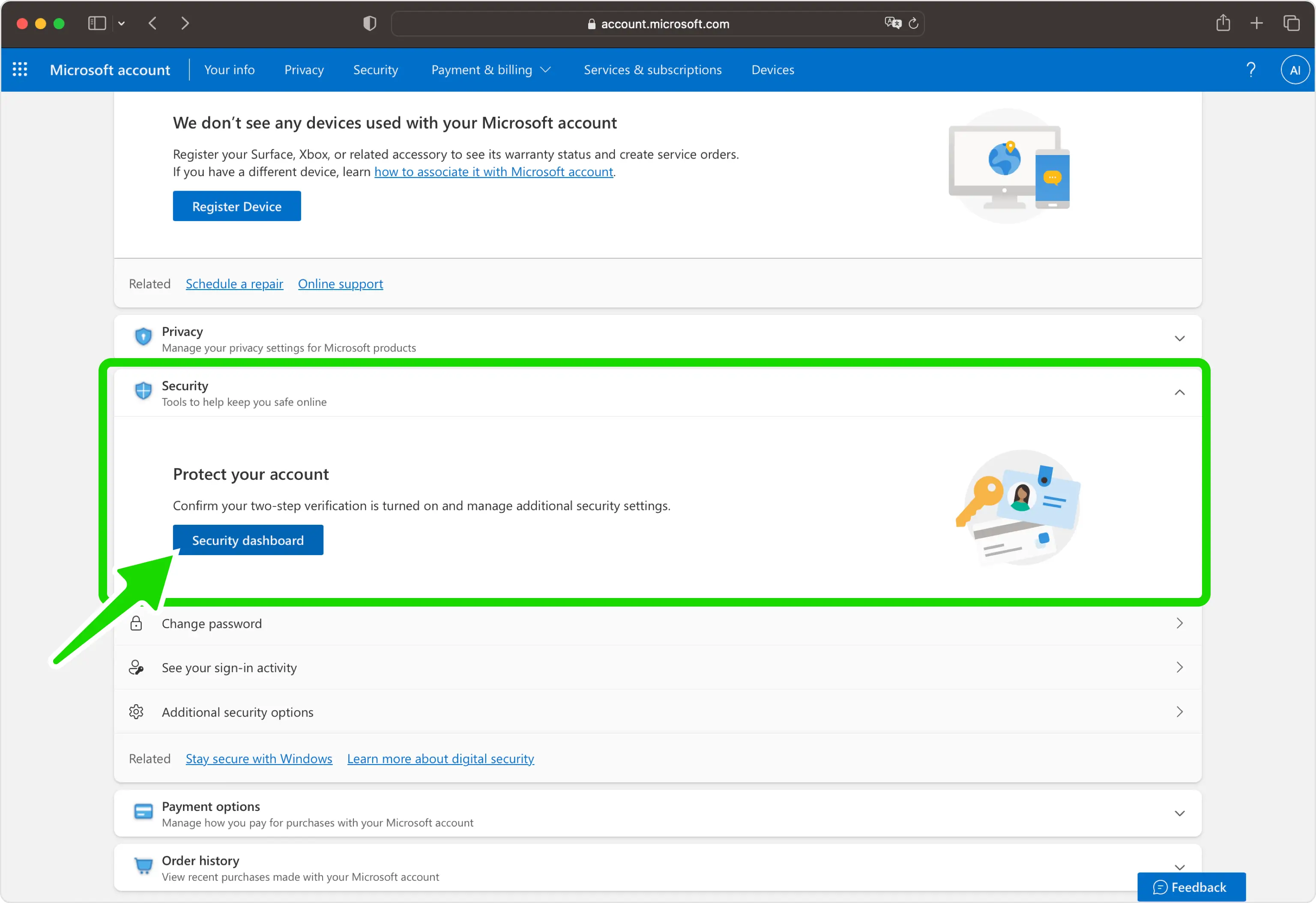 Microsoft account Security section with the Security dashboard button