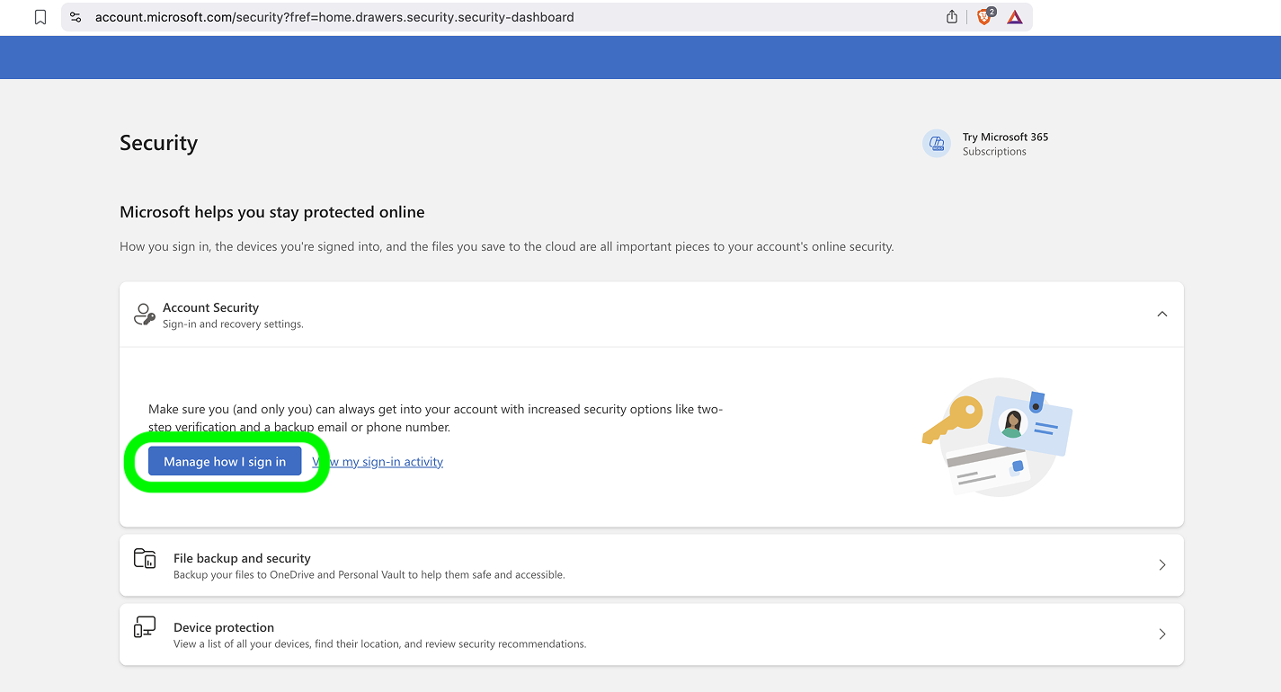 Microsoft Account Security area with the Manage how I sign in link