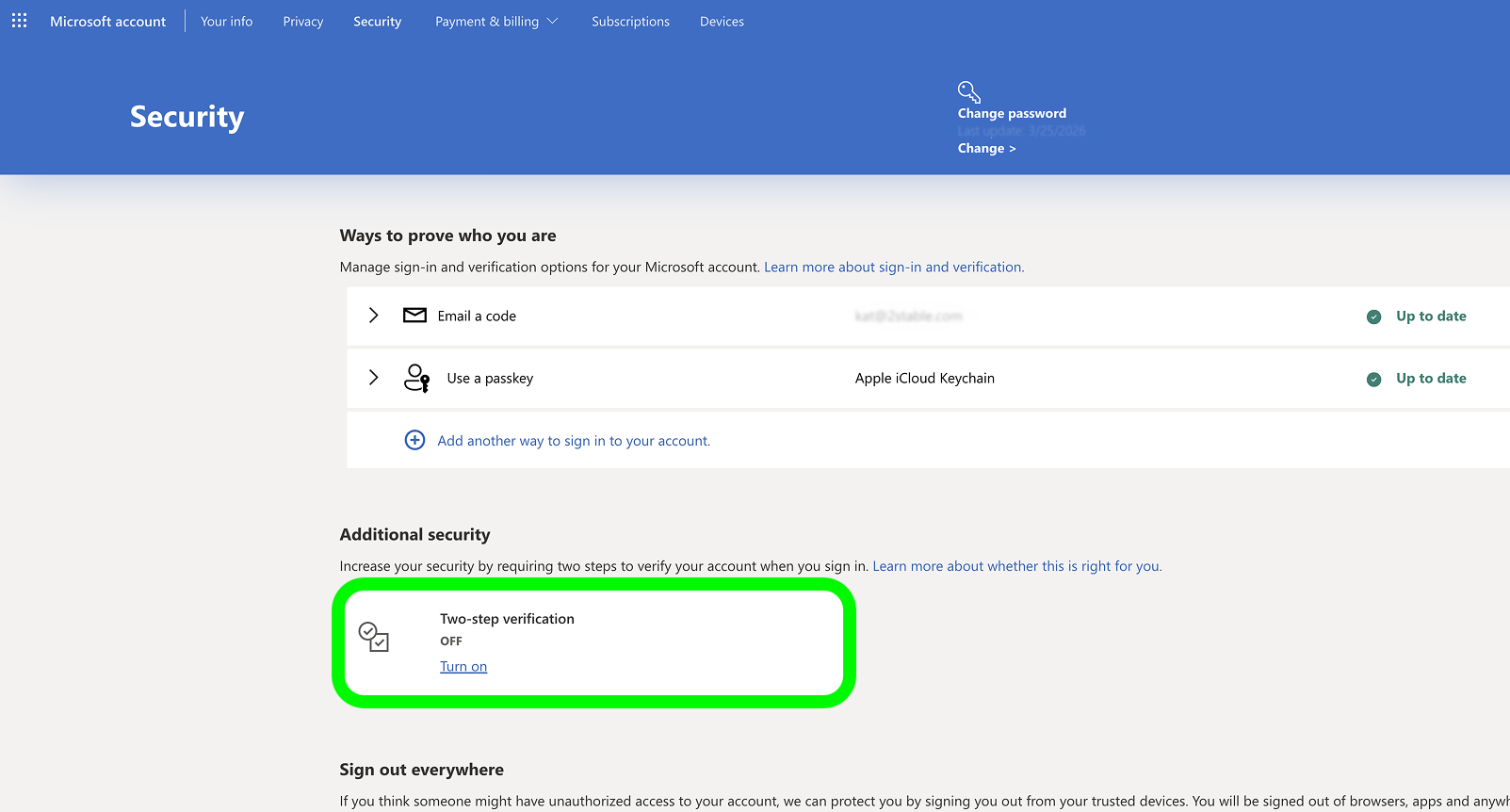 Microsoft Additional security section with the Two-step verification Turn on link