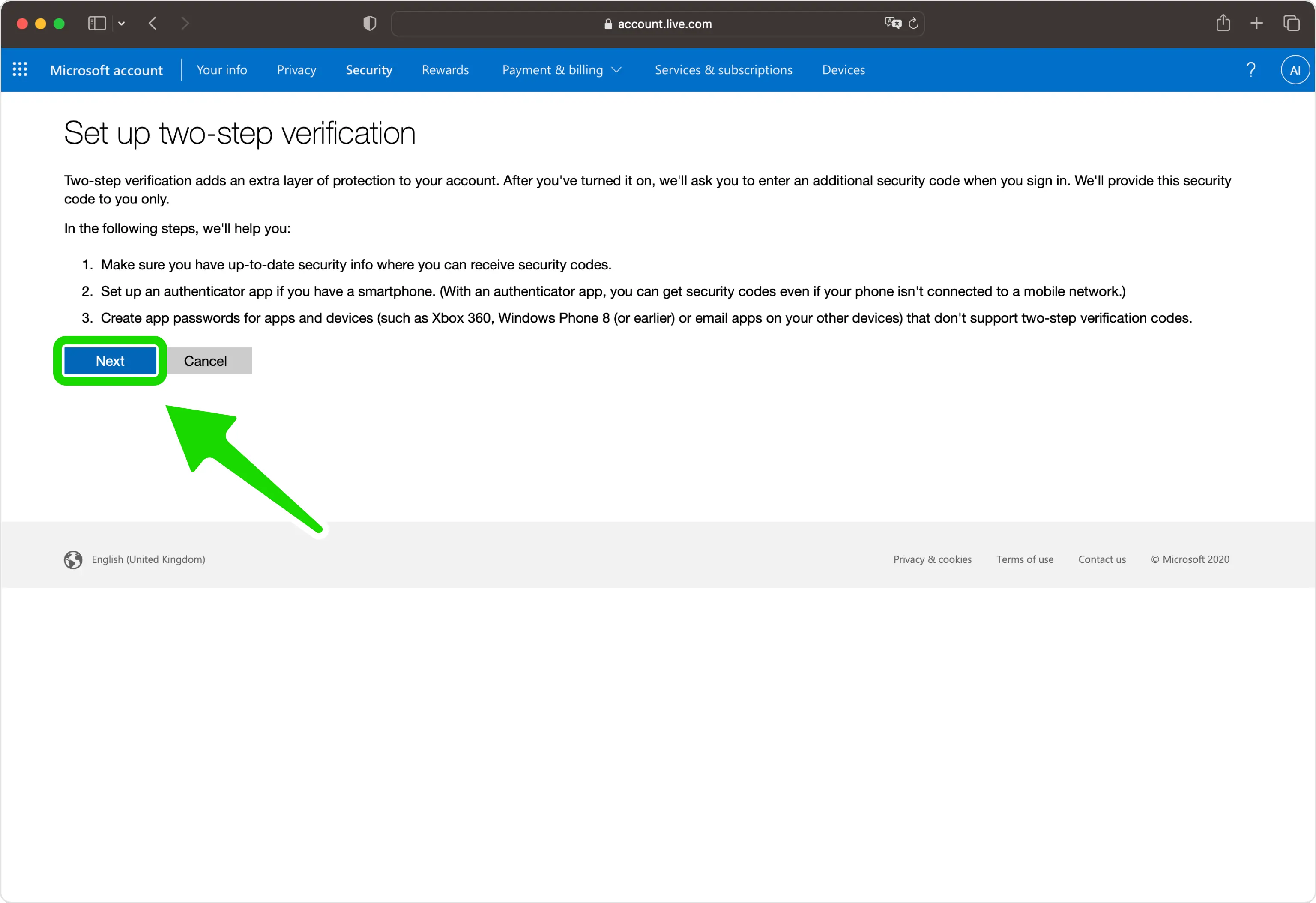 Microsoft two-step verification setup screen with a Next button