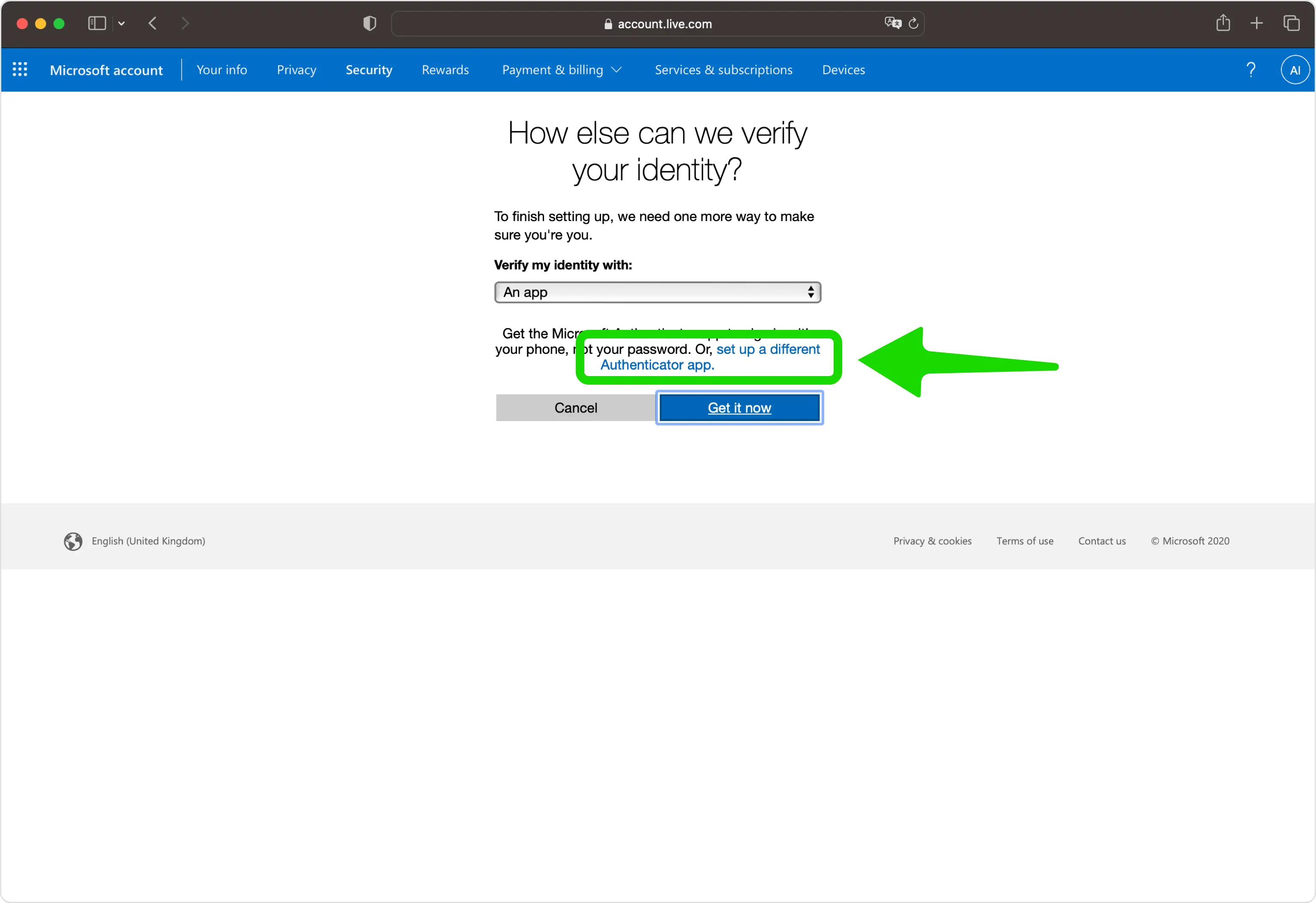 Microsoft setup page with the set up a different authenticator app link