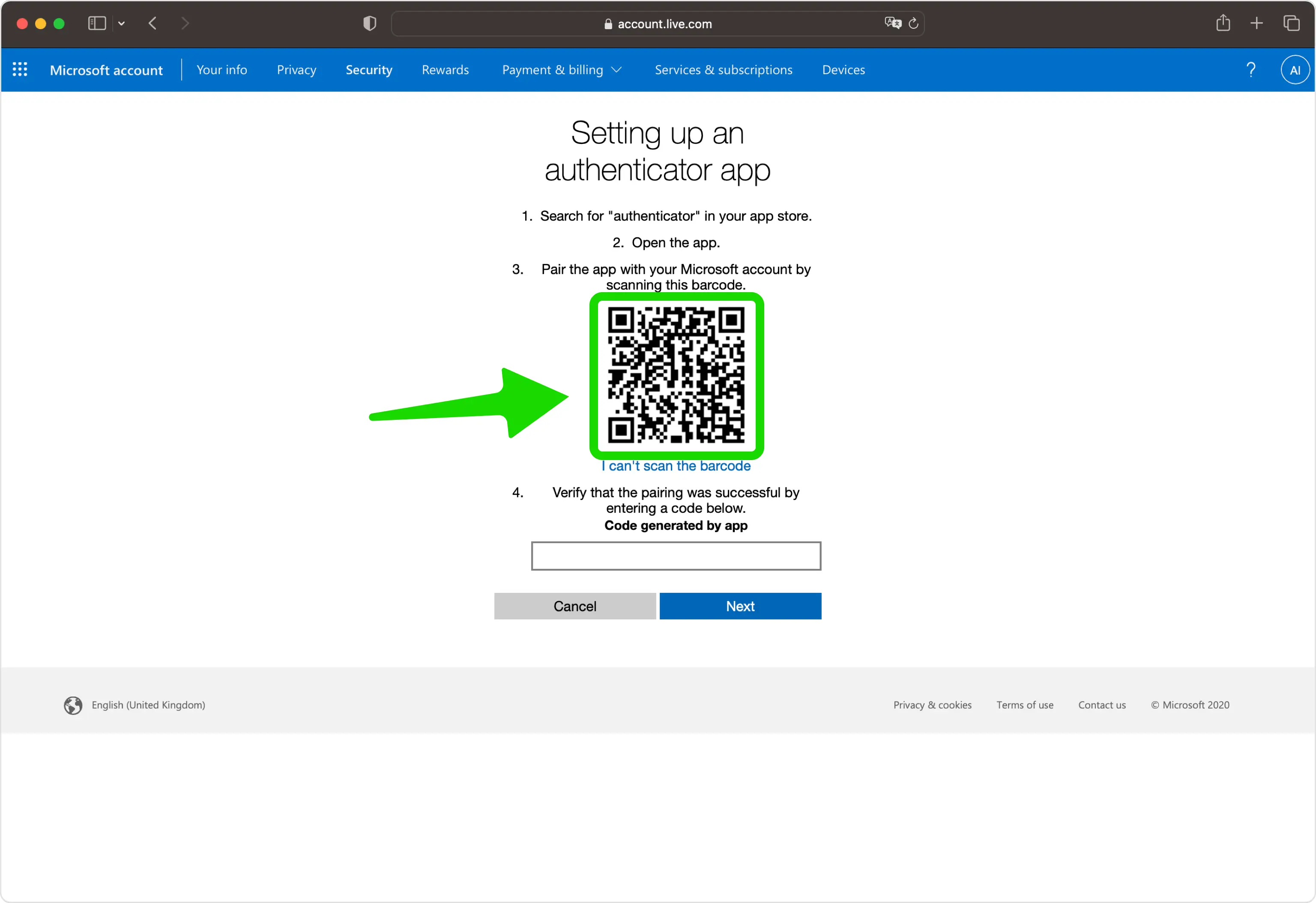 Microsoft page displaying a QR code for an authenticator app