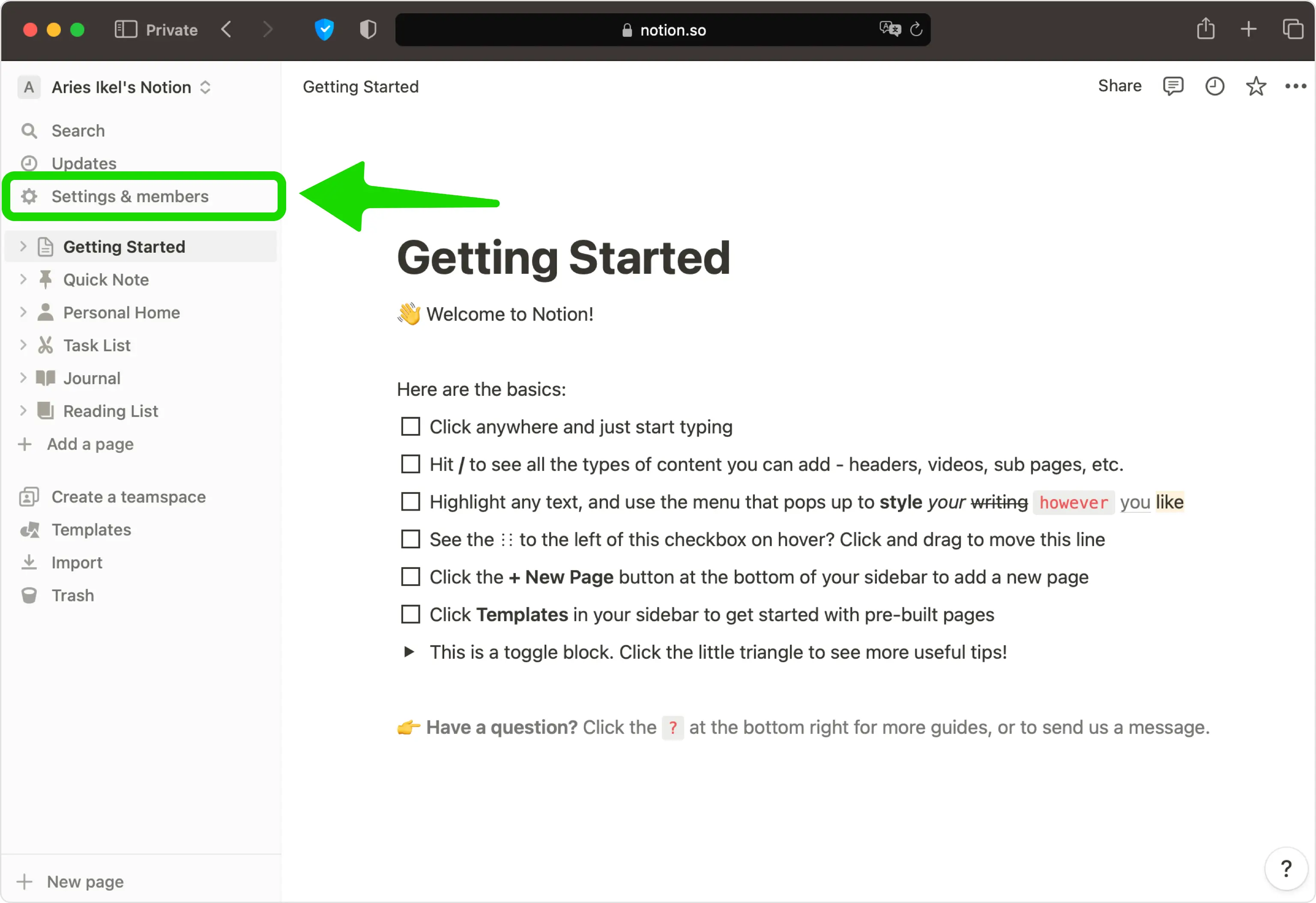 Notion sidebar with 'Settings & members' highlighted near the top-left corner