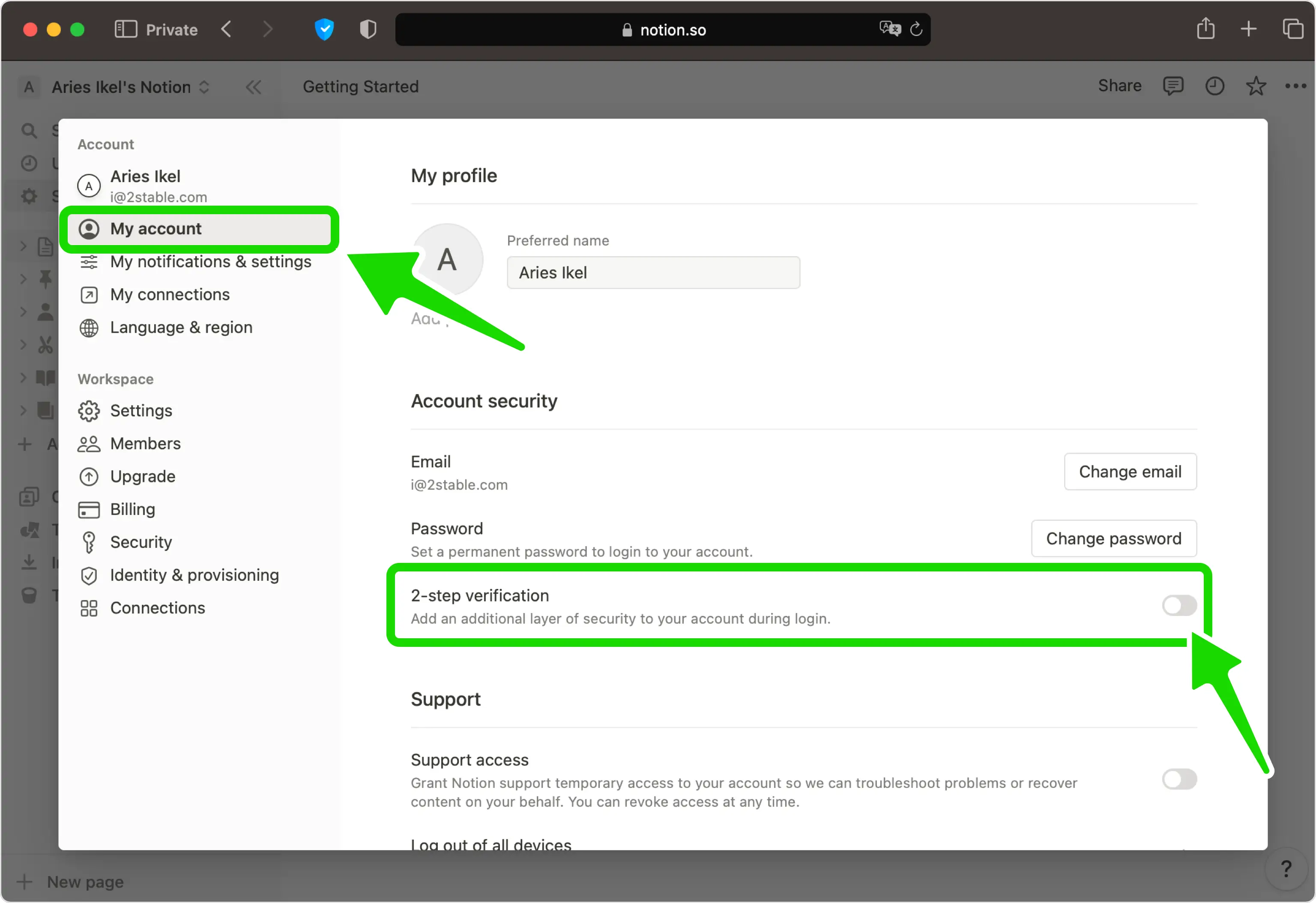 Notion 'My account' settings showing the 2-step verification toggle