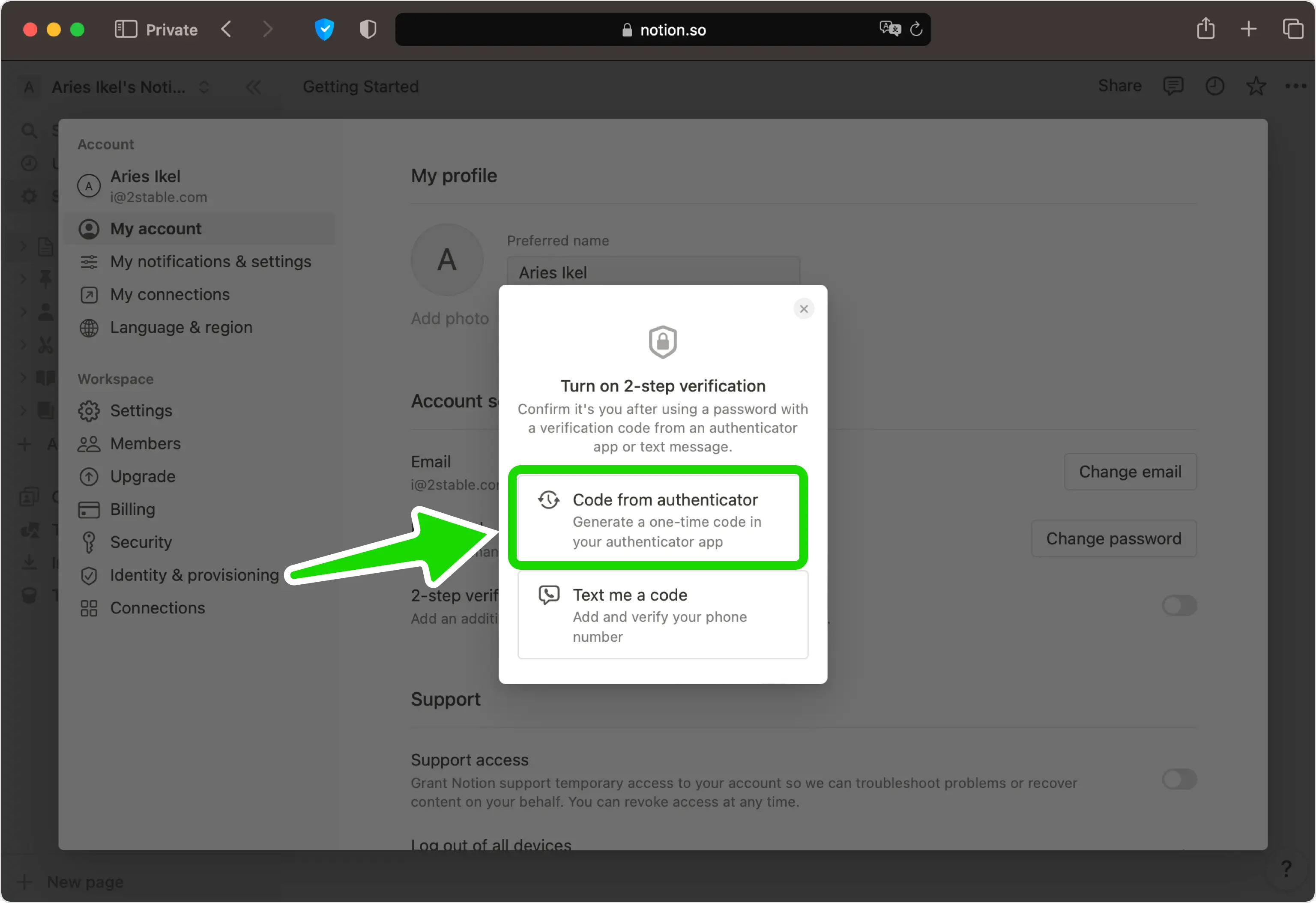Notion list of 2-step verification methods with 'Code from authenticator' selected