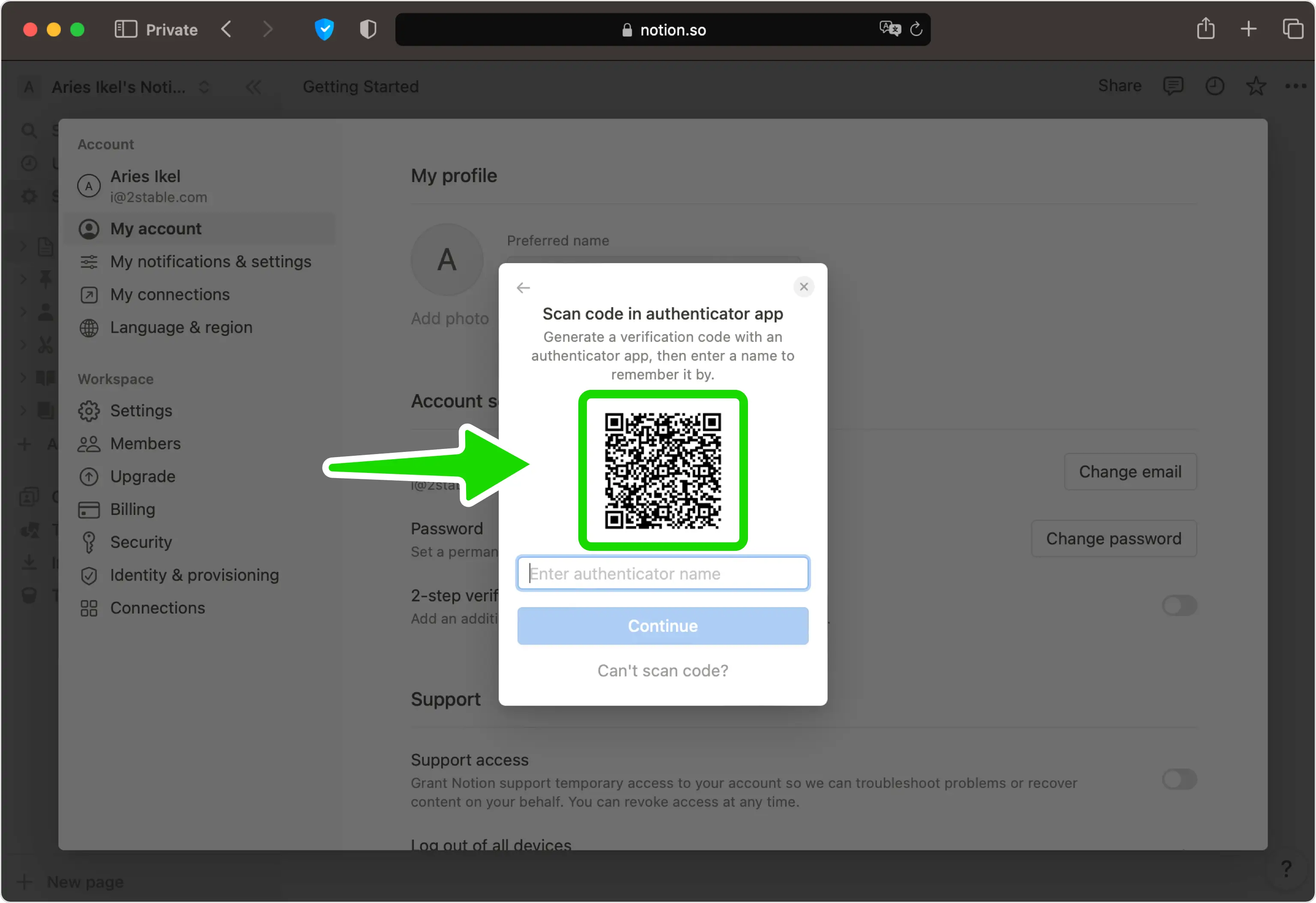 Notion 'Set up 2-Step Verification' dialog displaying a sample QR code