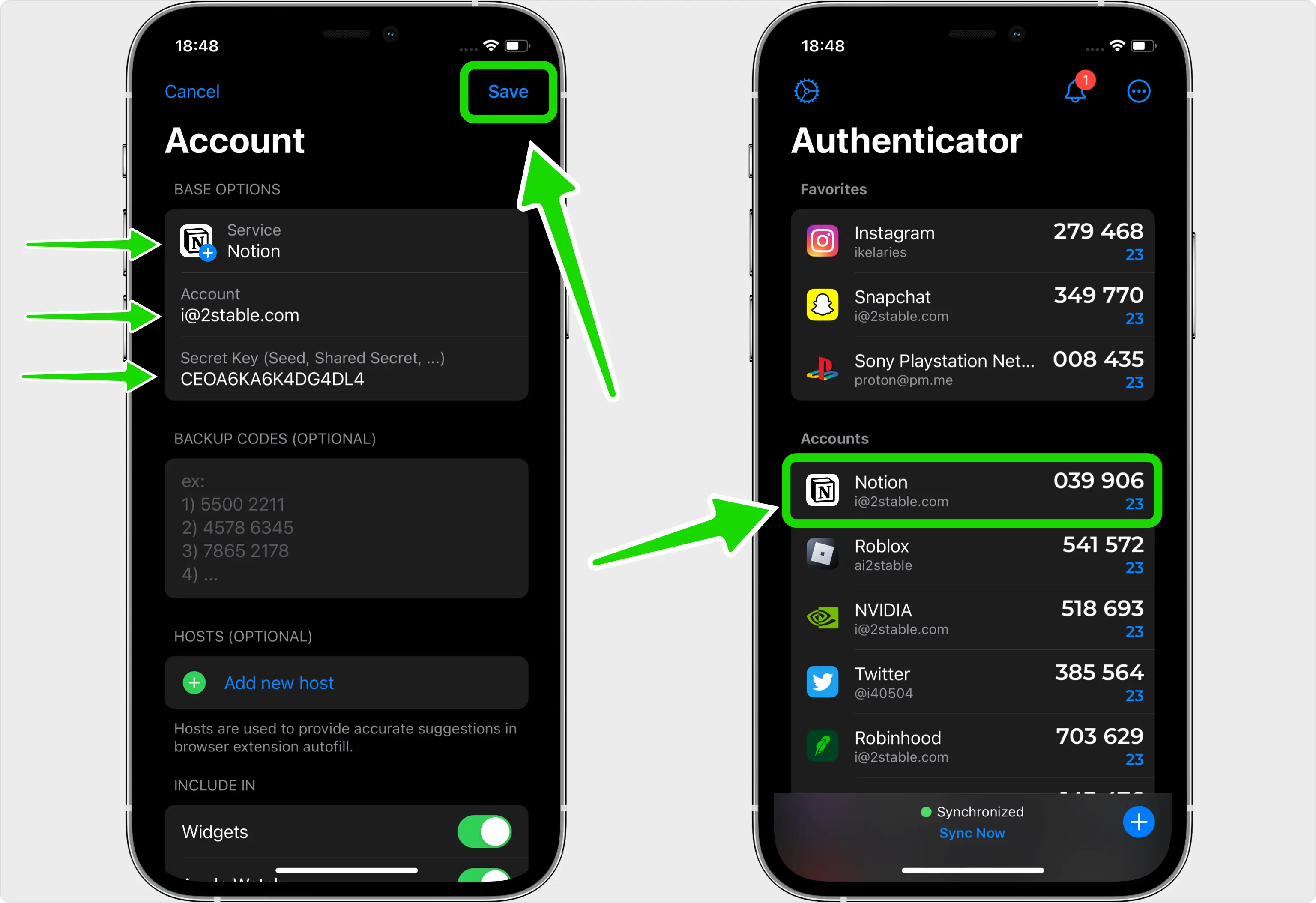 Authenticator App - Novaz new-account form with the Notion logo, account name and secret key filled in