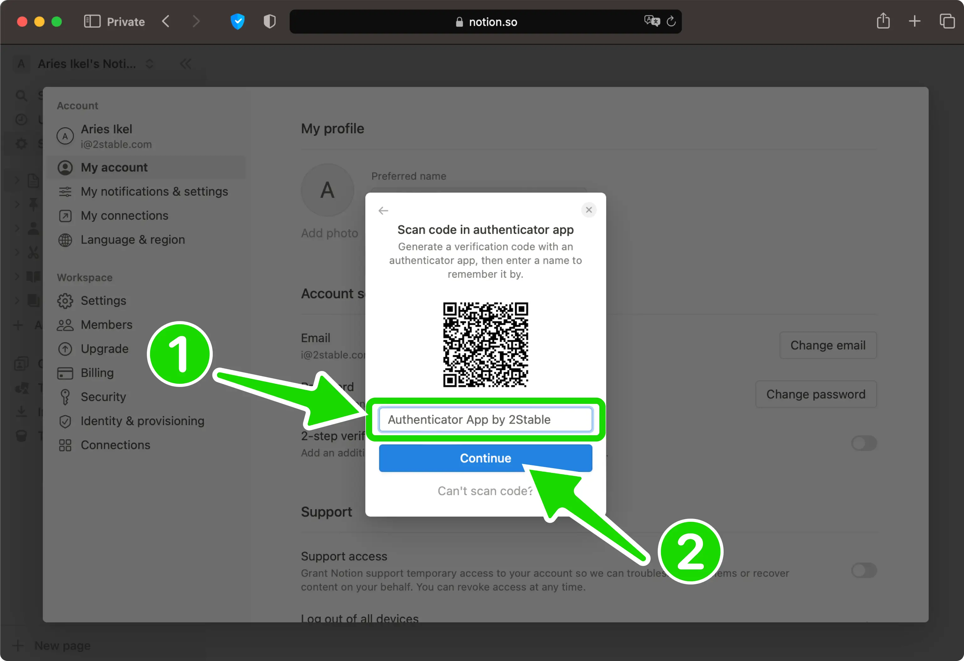 Notion text field for naming the new authentication method, with a Continue button