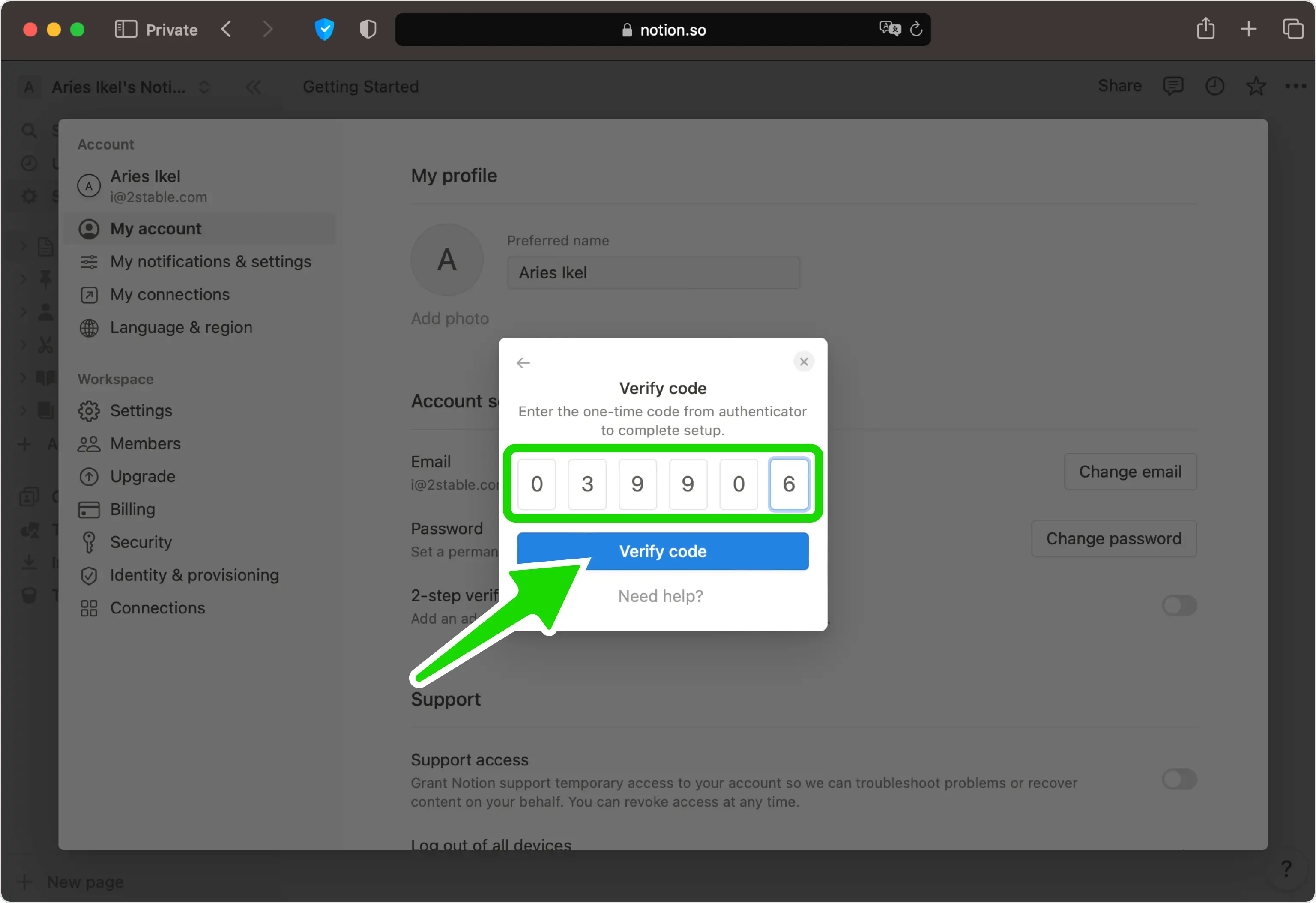Notion prompt asking for a one-time code, with a 'Verify code' button