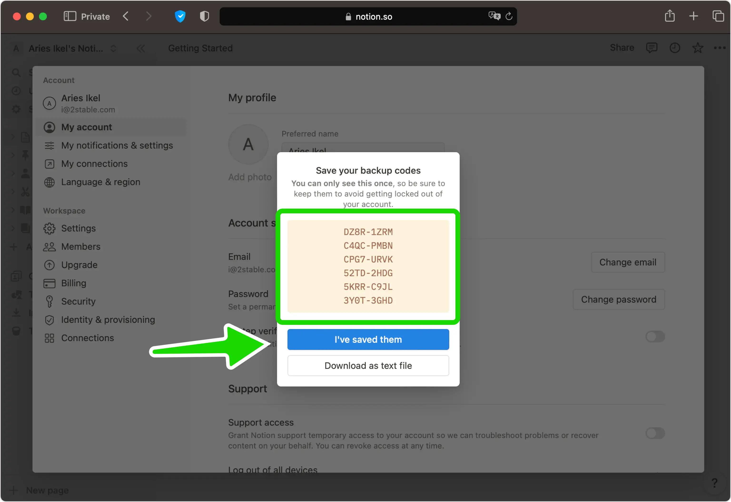 Notion list of backup codes with an 'I've saved them' button