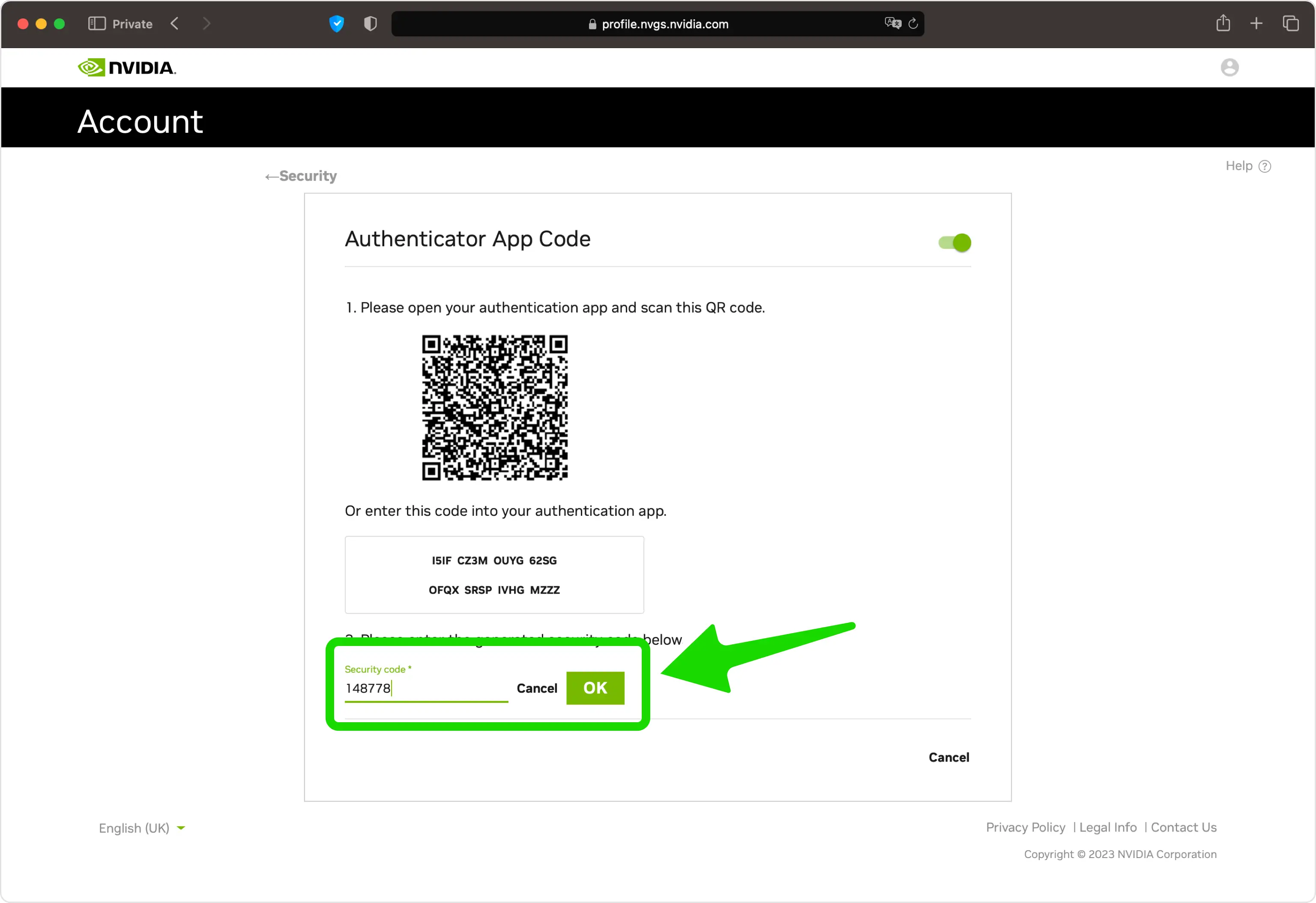 nvidia 2FA setup — Confirm OTP code