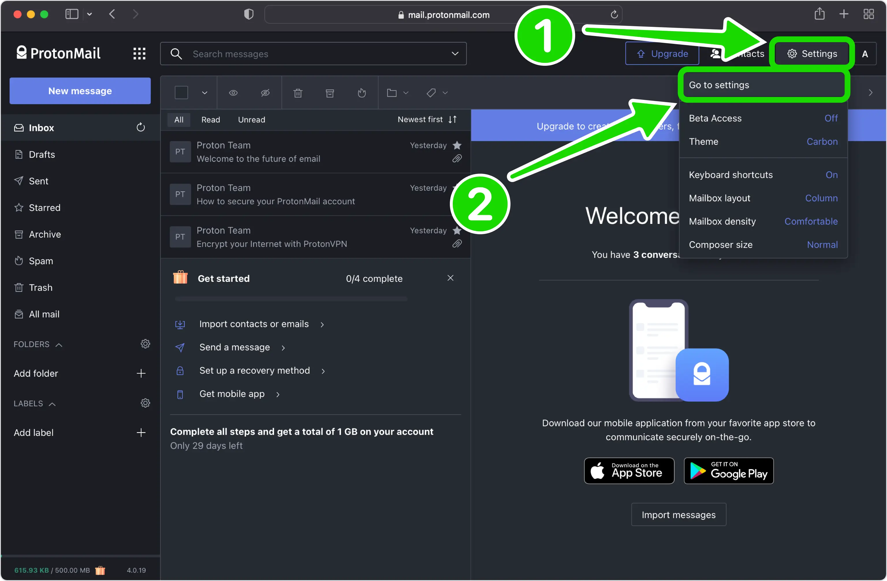 Proton Mail Settings menu in the top-right corner with 'Go to settings' highlighted