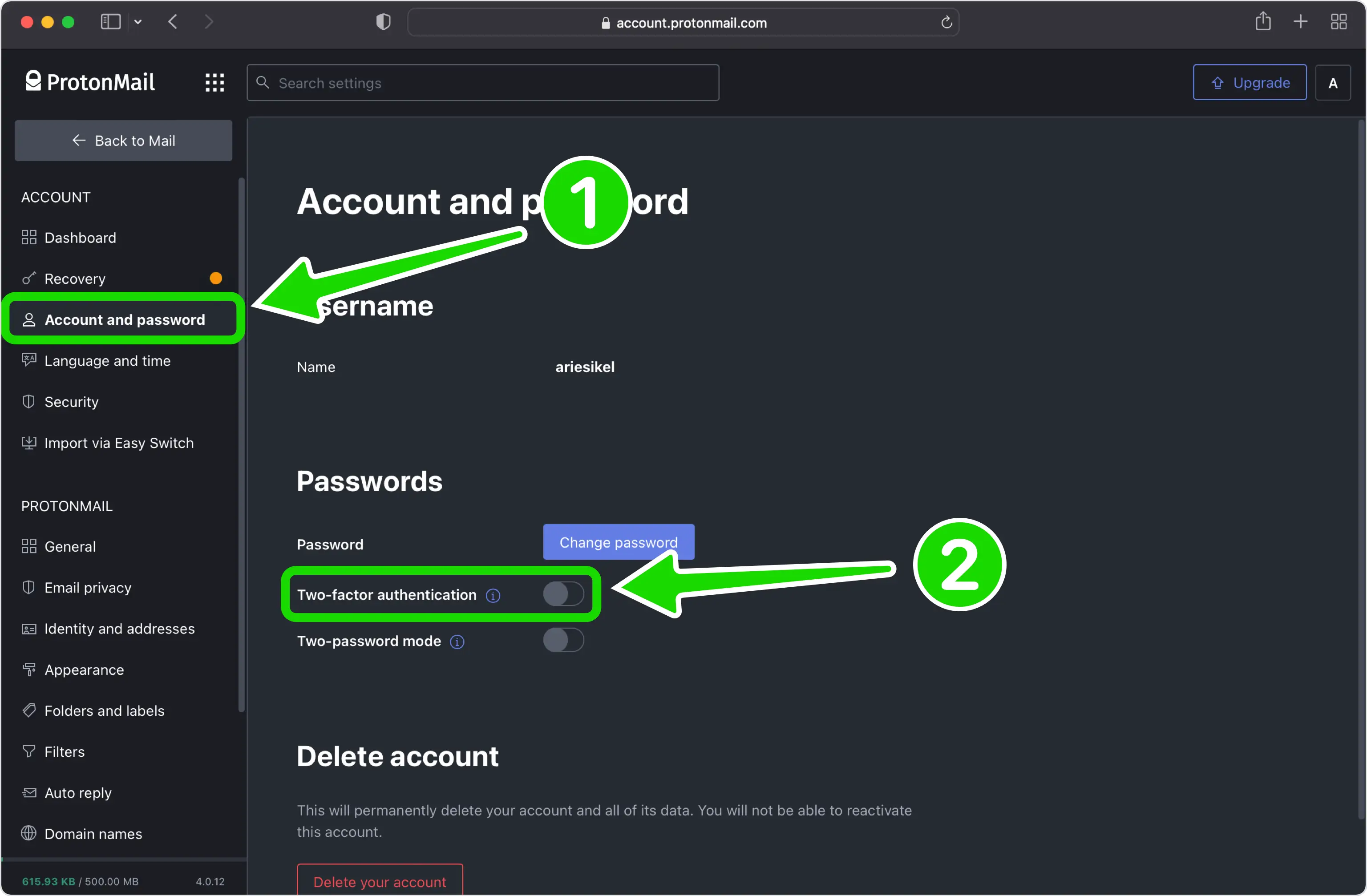 Proton 'Account and password' settings with the Two-factor authentication toggle