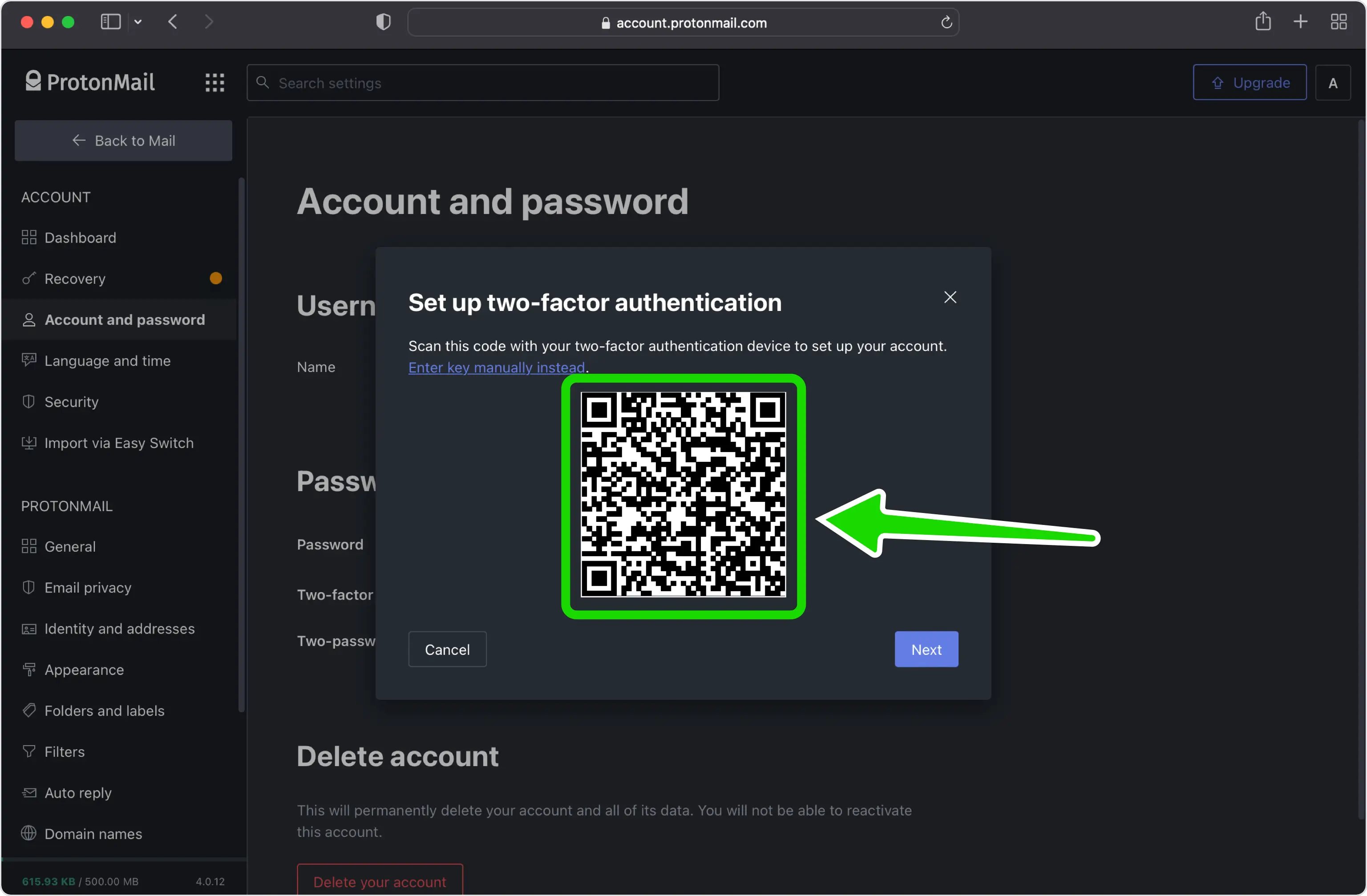 Proton 'Set up two-factor authentication' window with a sample QR code
