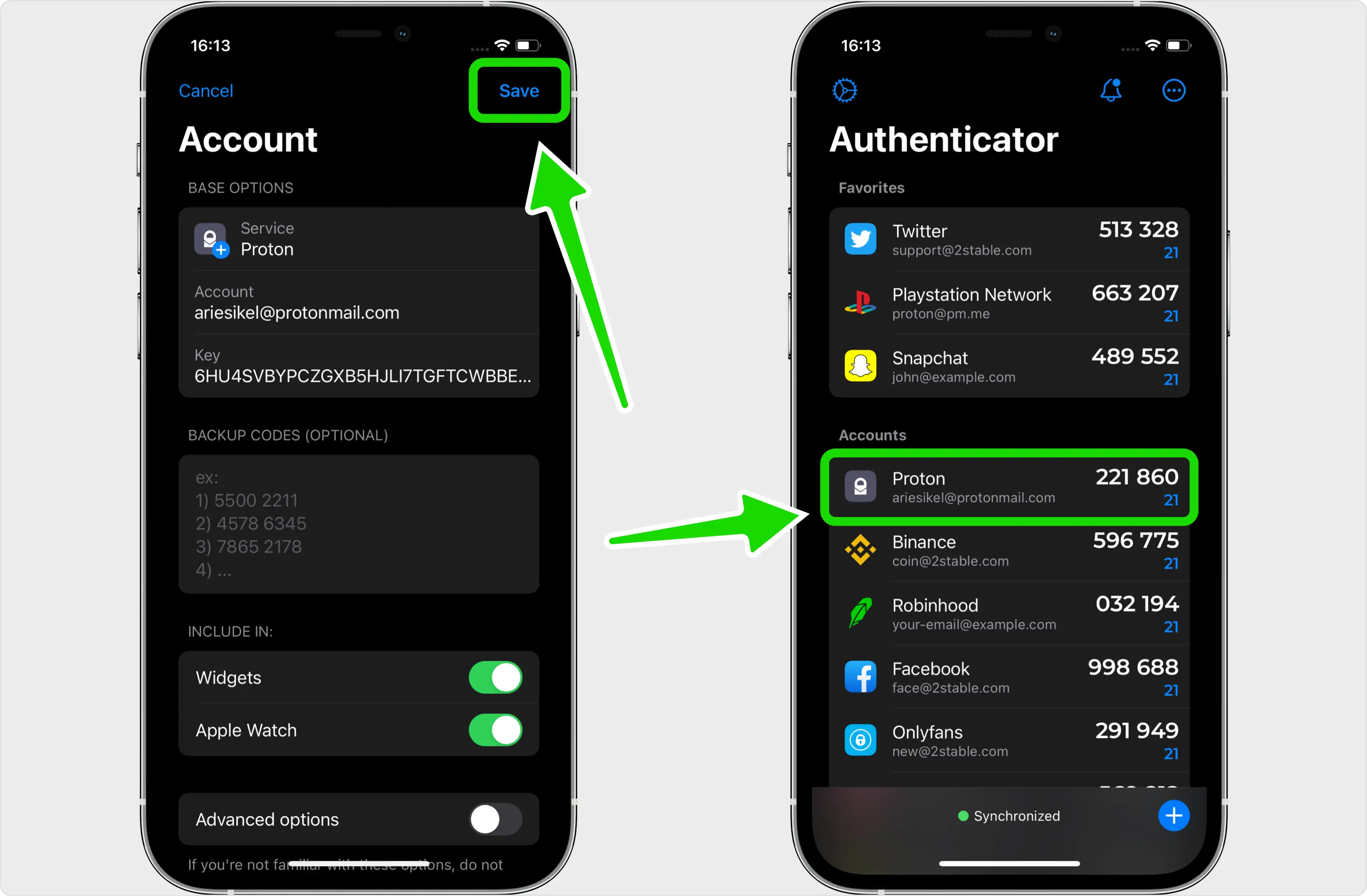 Authenticator App - Novaz new-account form with the Proton Mail logo and account details