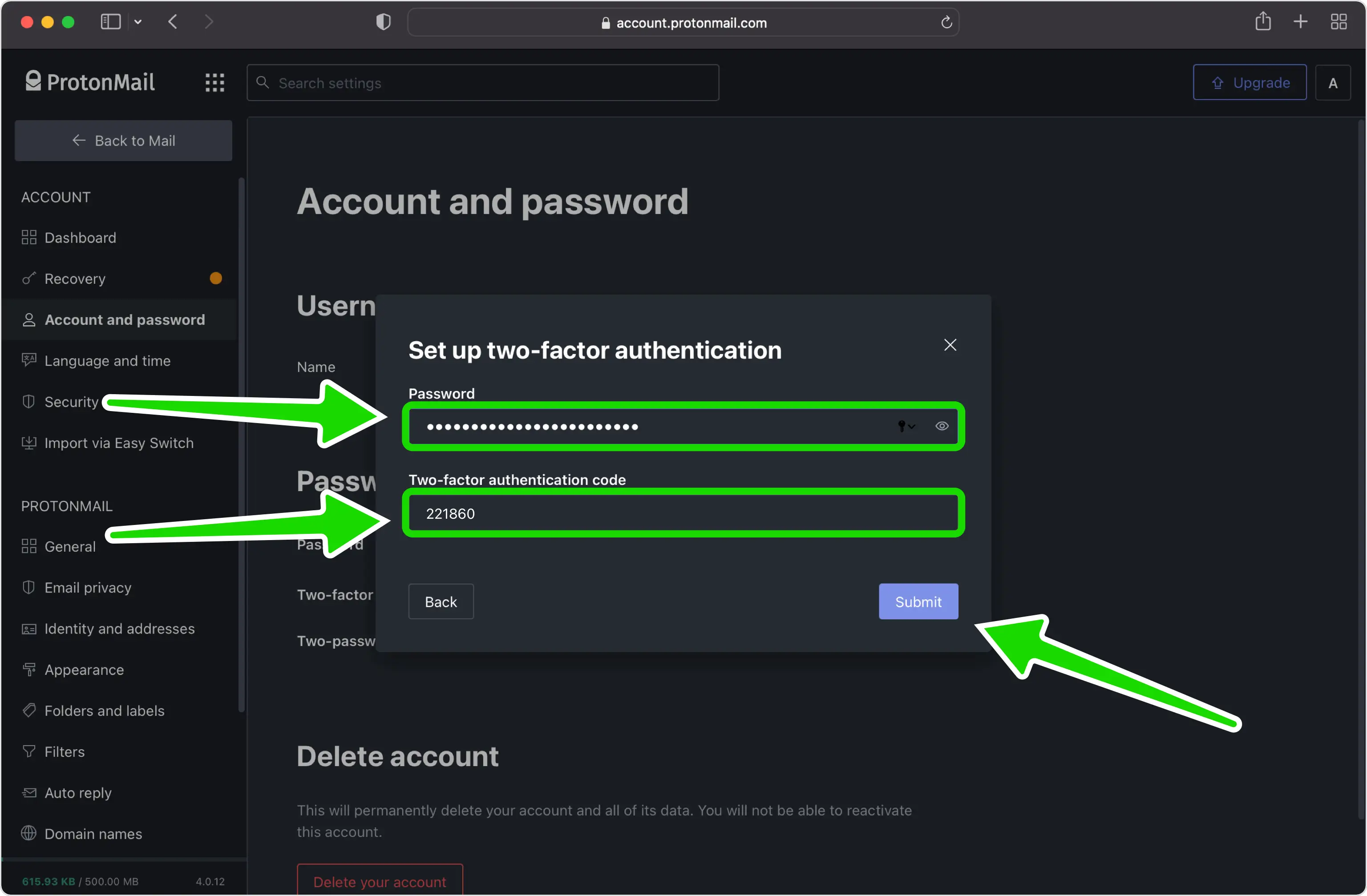Proton form asking for the account password and the two-factor authentication code, with a Submit button