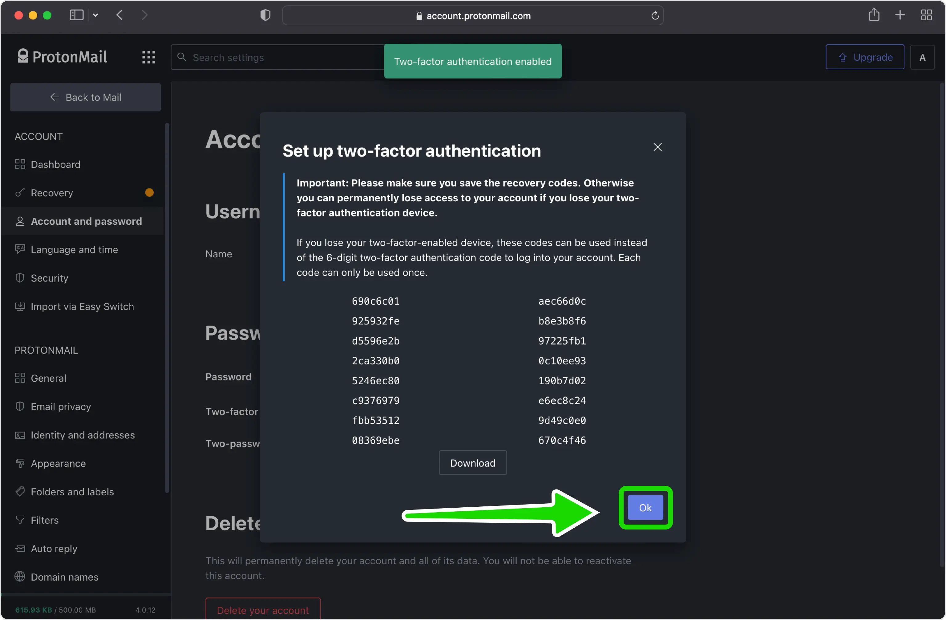Proton list of recovery codes with an Ok button