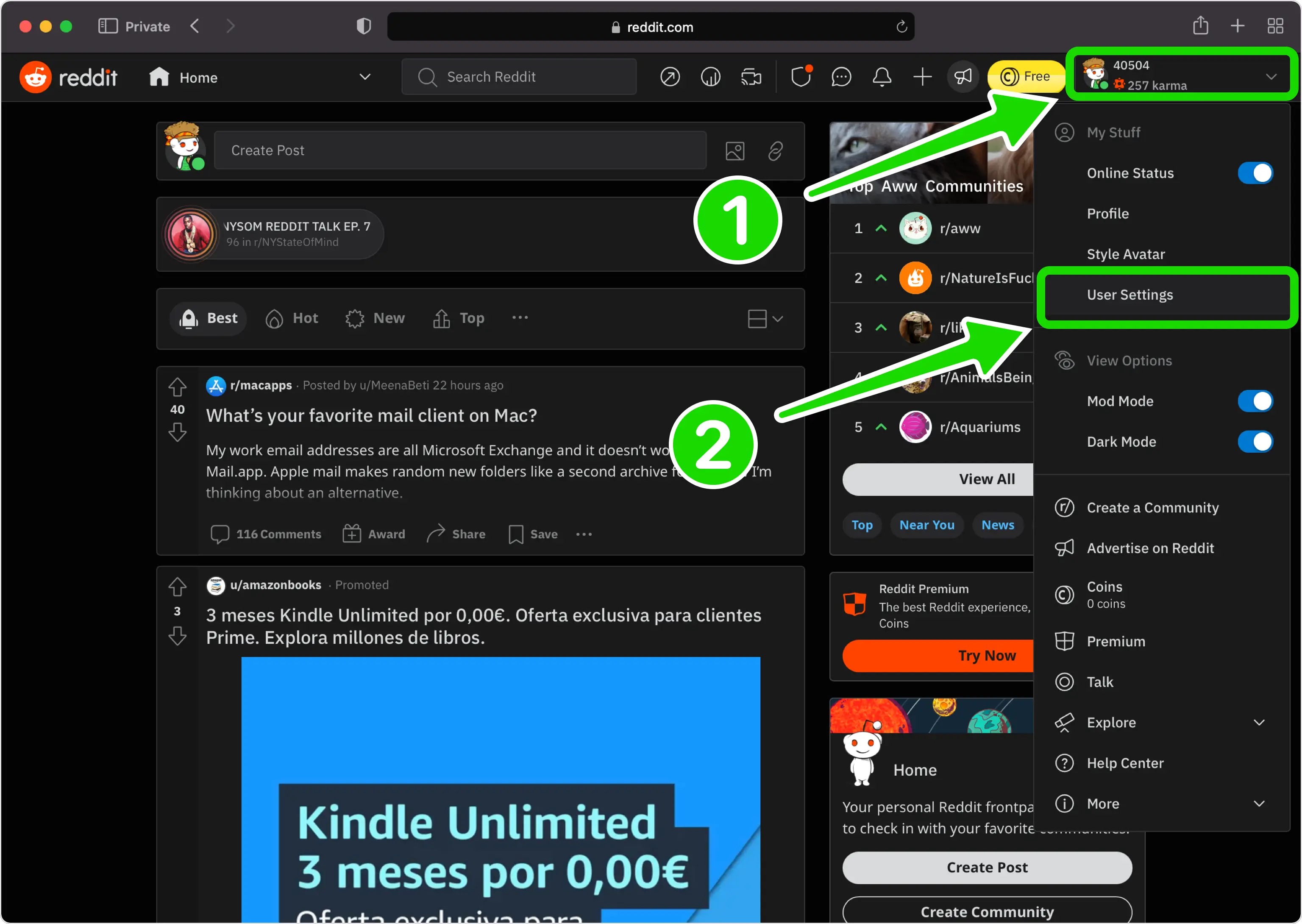 Reddit username menu in the top-right corner with 'User Settings' highlighted