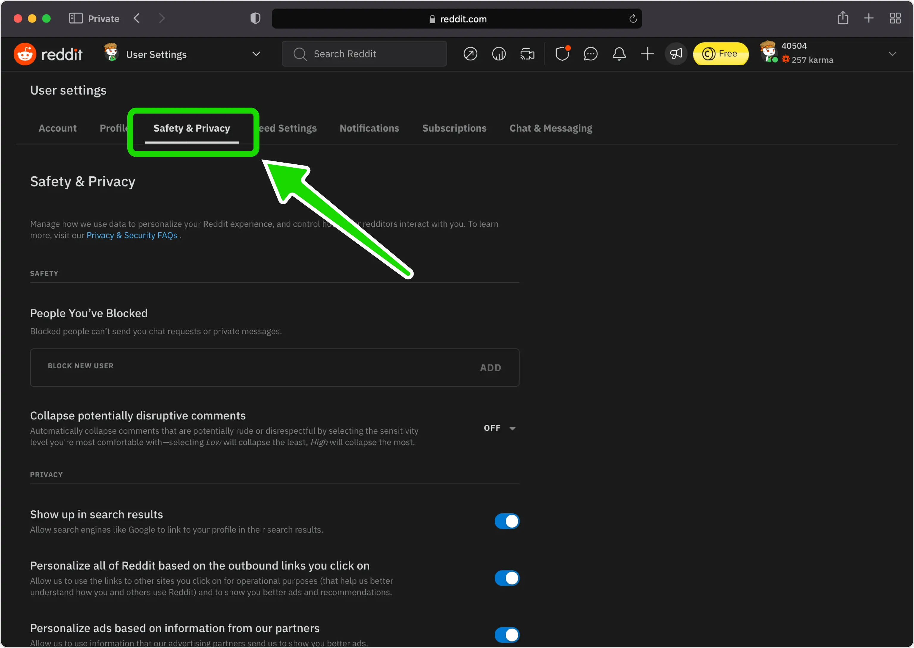 Reddit User Settings tabs with 'Safety & Privacy' selected