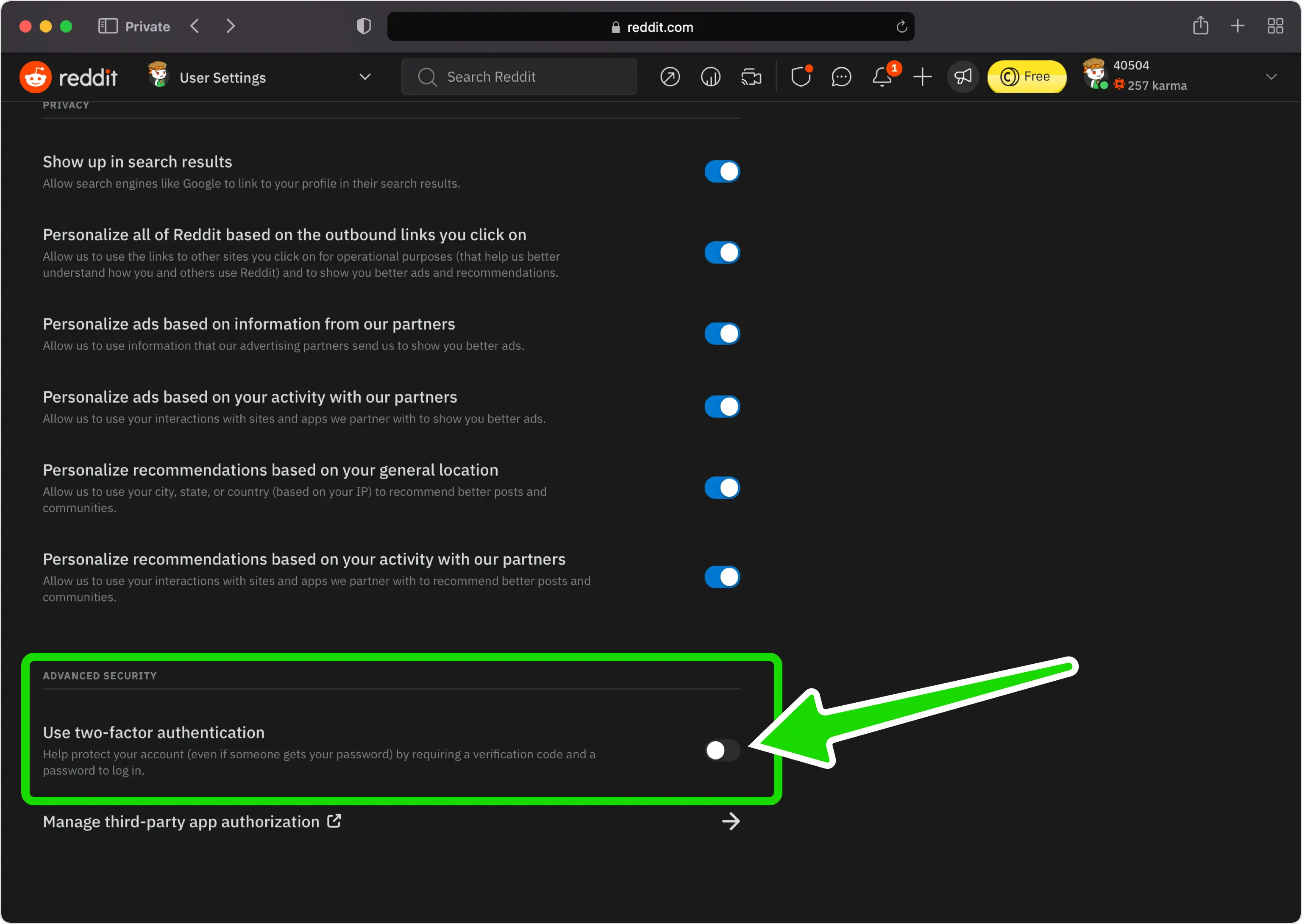 Reddit Advanced Security section with the 'Use two-factor authentication' toggle
