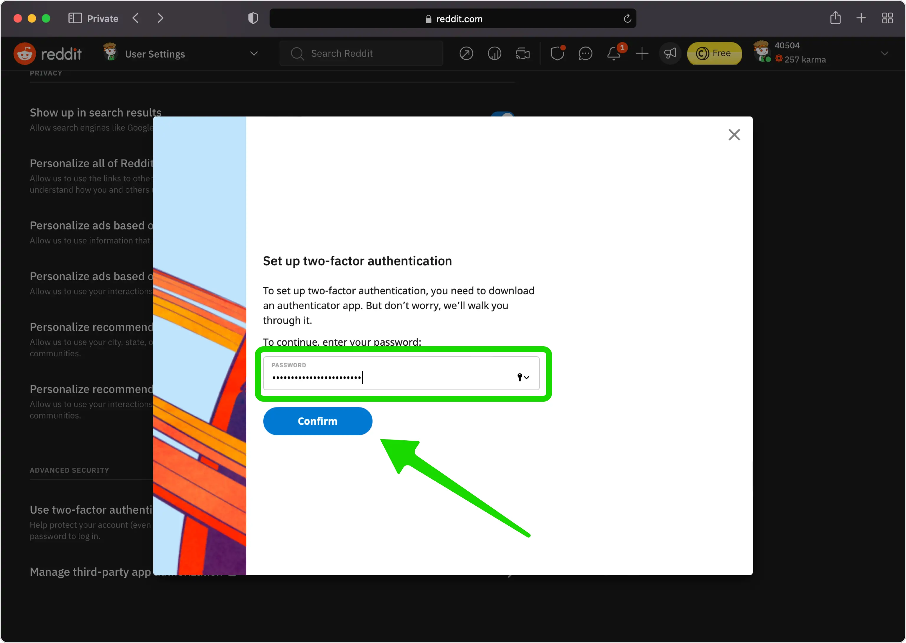 Reddit pop-up with a password field and a Confirm button