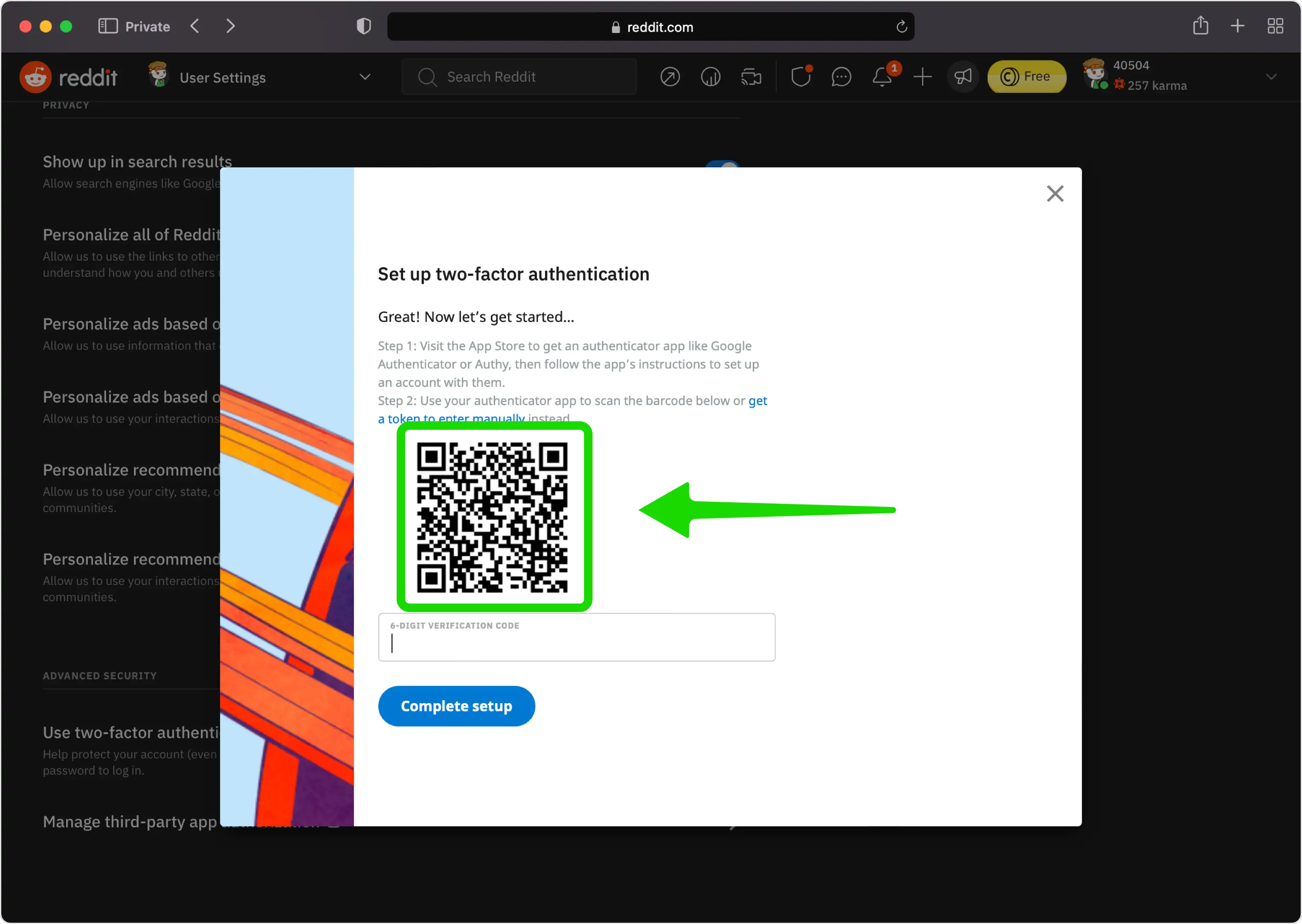 Reddit two-factor authentication setup page with a sample QR code