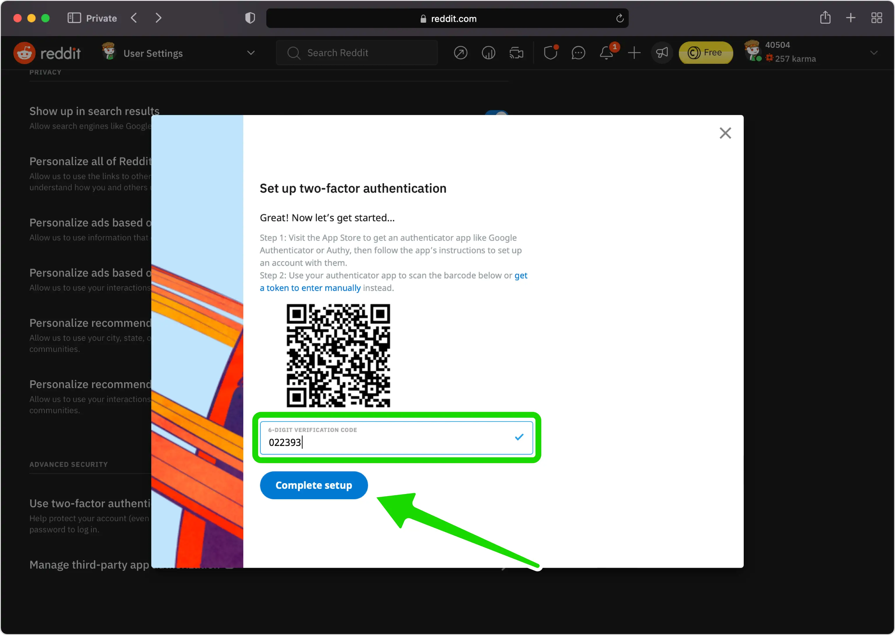 Reddit field for the 6-digit verification code with a 'Complete setup' button