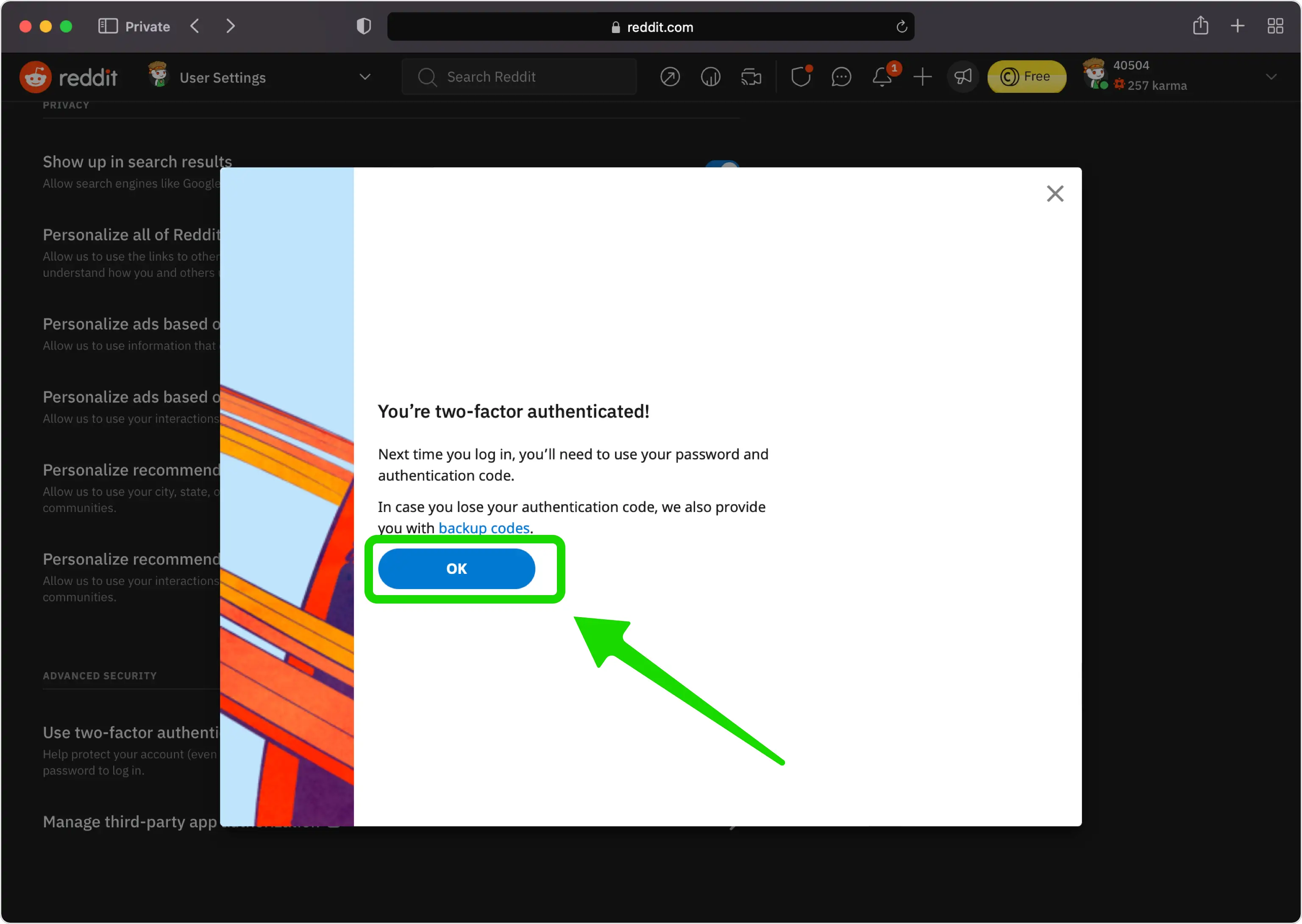 Reddit confirmation that two-factor authentication is enabled, with an OK button