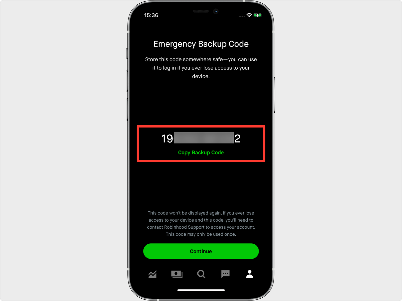 robinhood 2FA setup — Backup Code