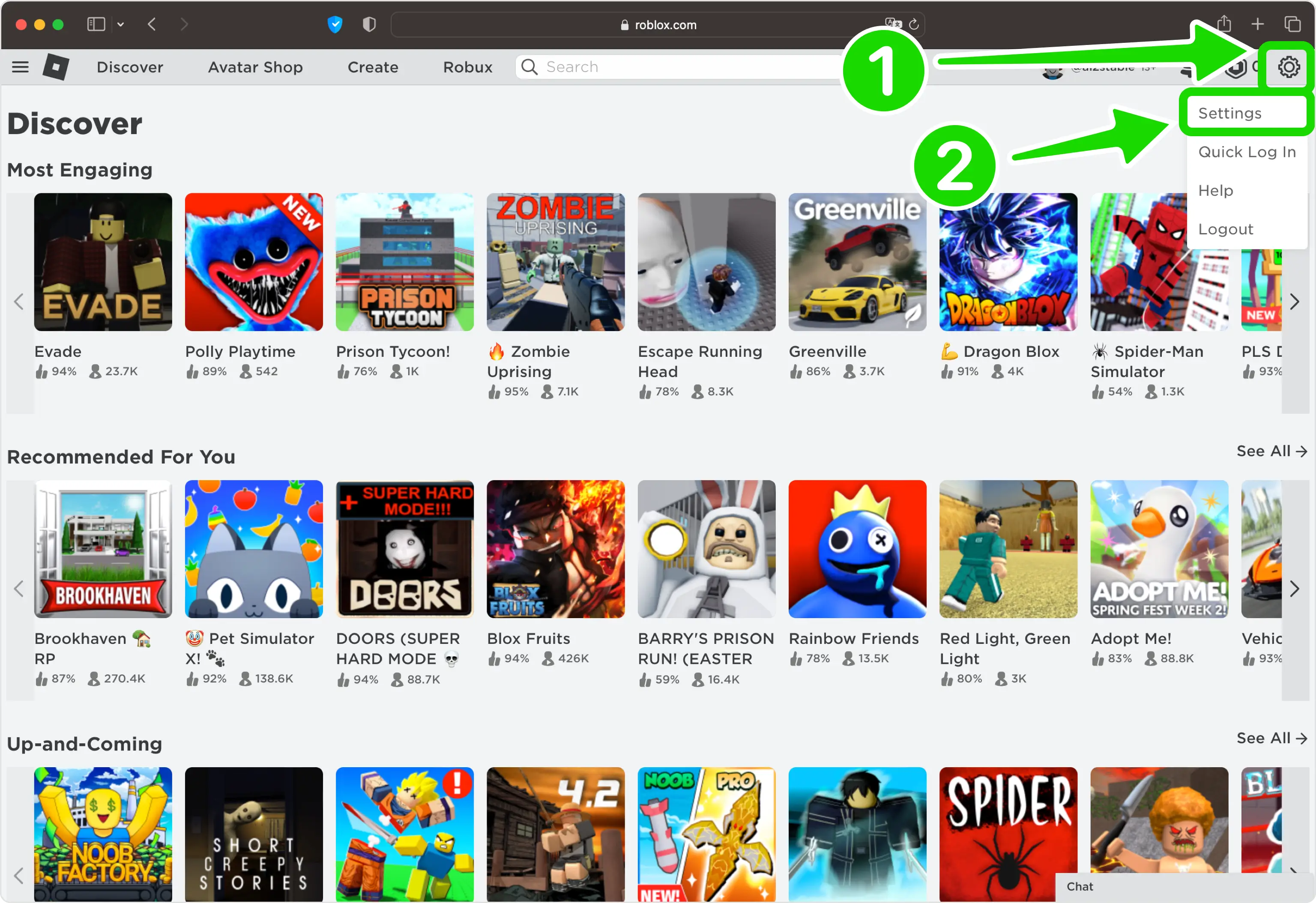 Roblox gear icon menu in the top-right corner with Settings highlighted