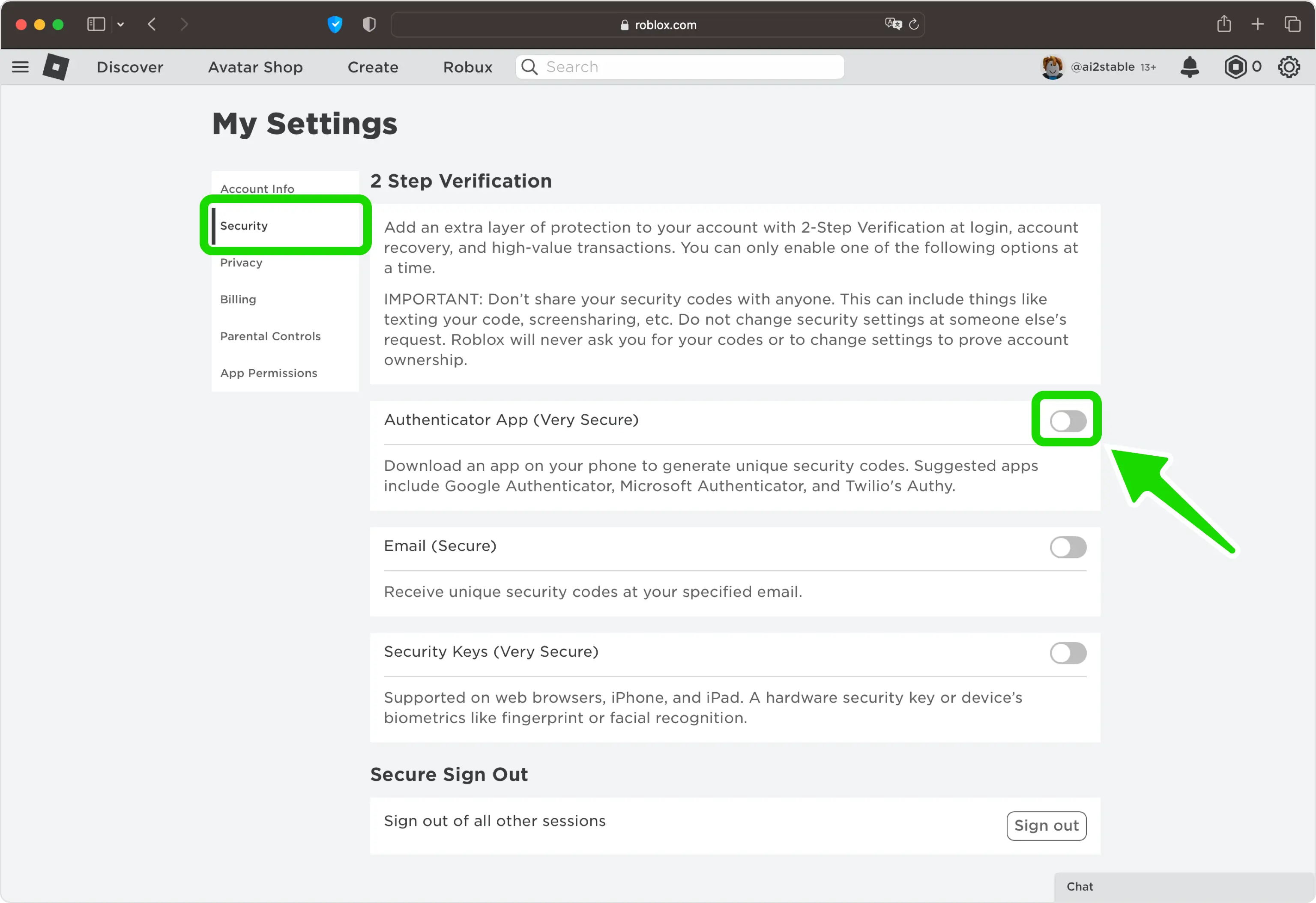 Roblox Security settings with the 'Authenticator App (Very Secure)' toggle