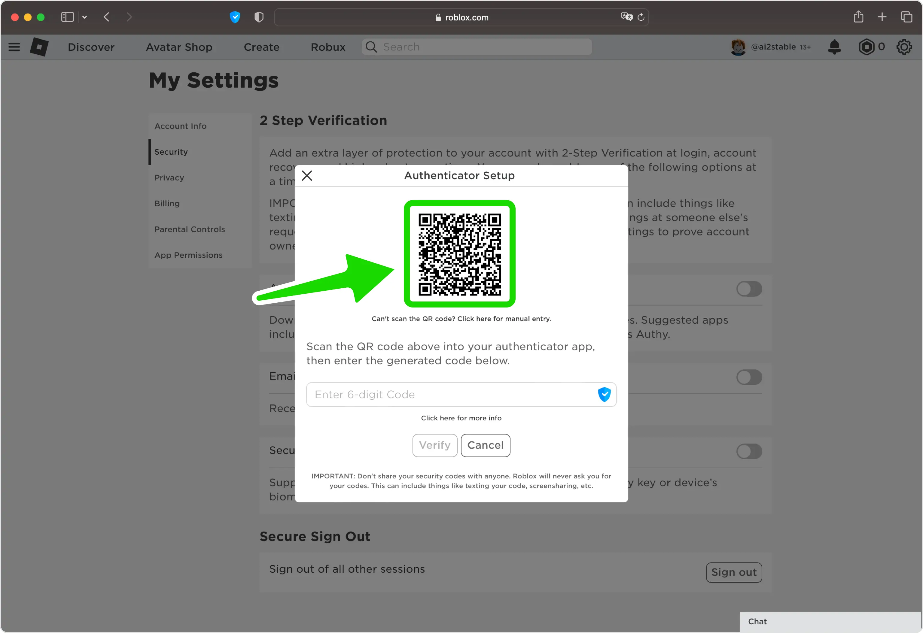 Roblox 'Set up 2-Step Verification' page with a sample QR code