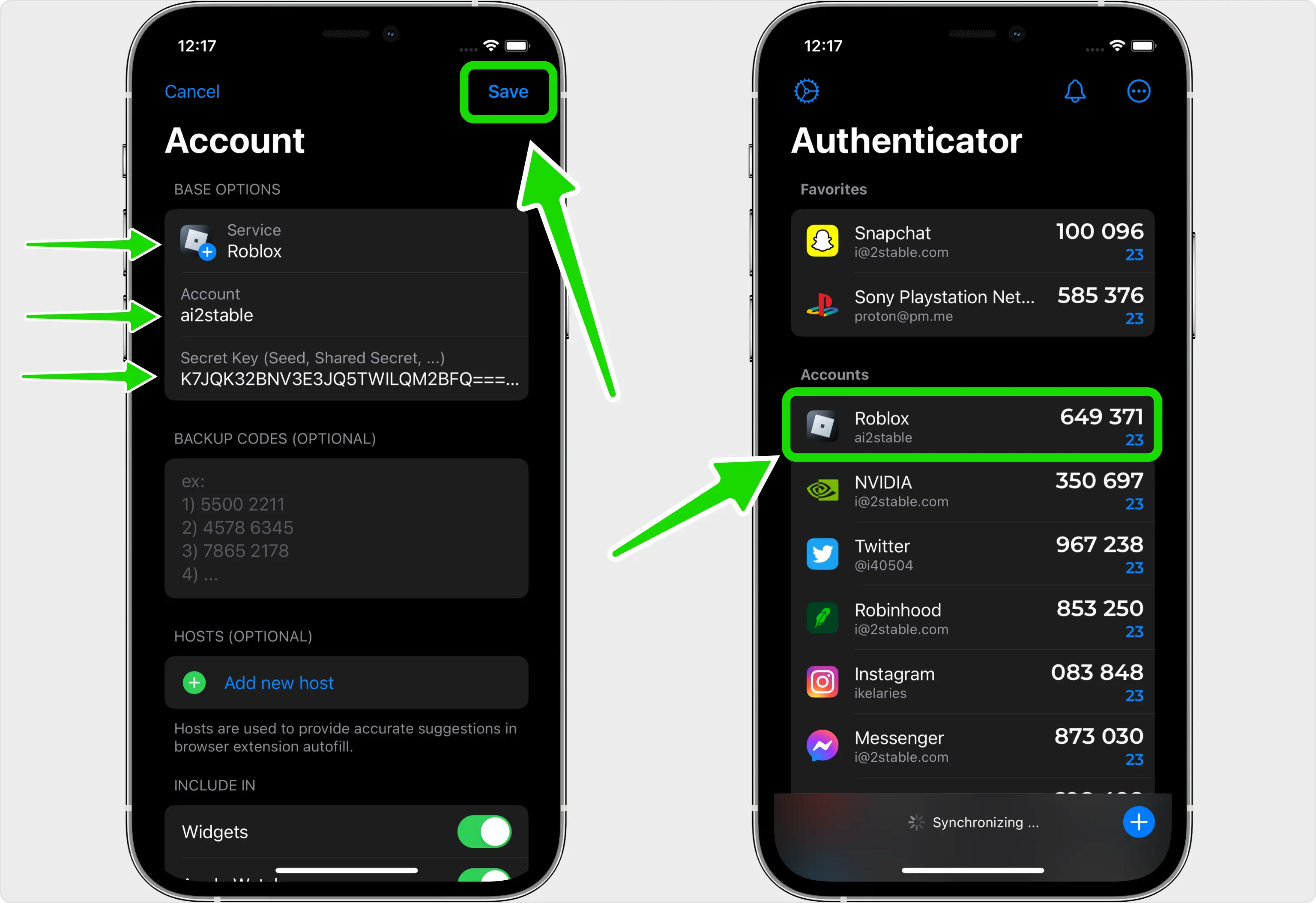 Authenticator App - Novaz new-account form with the Roblox logo, account name and secret key