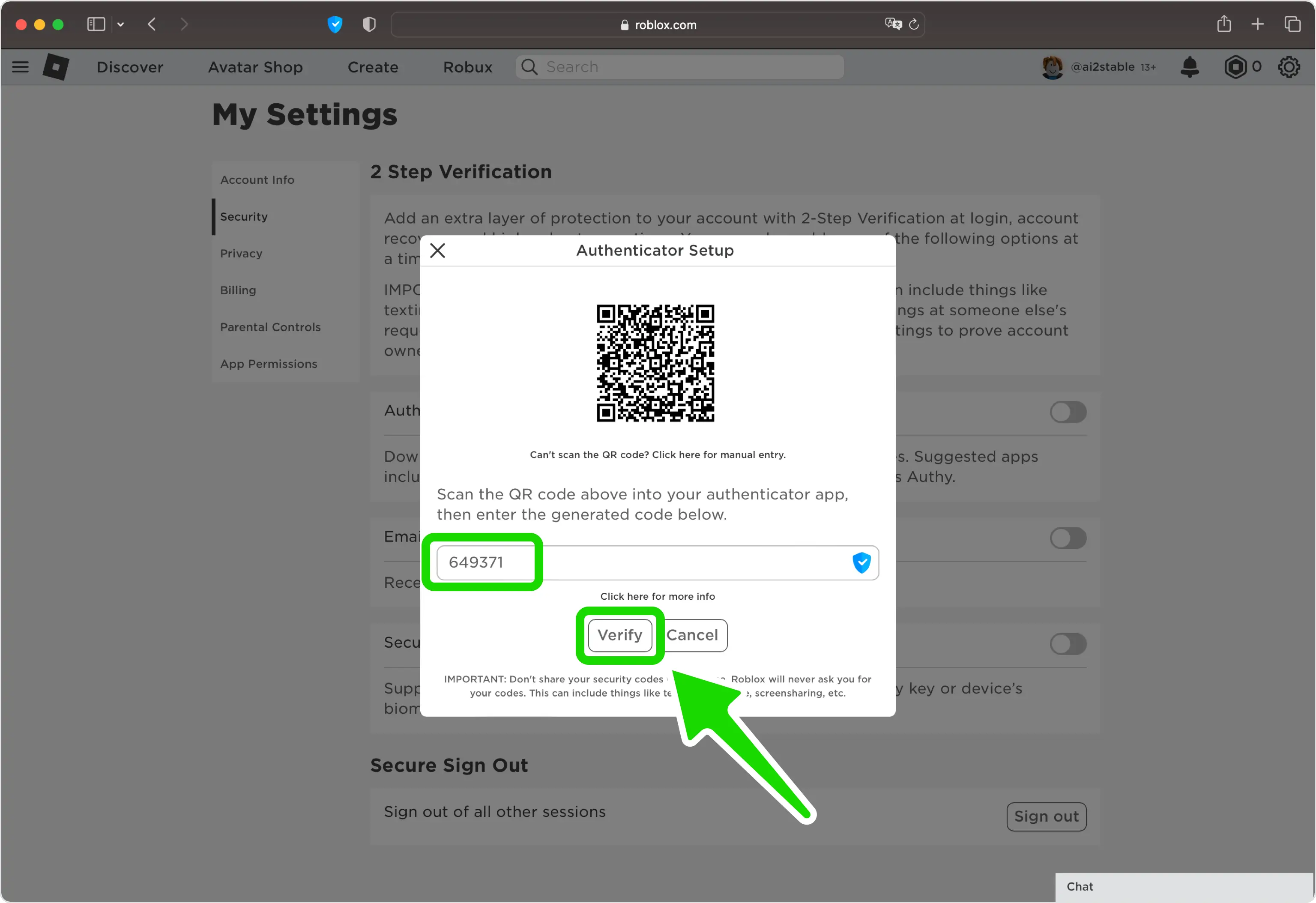 Roblox verification field for the six-digit code with a Verify button