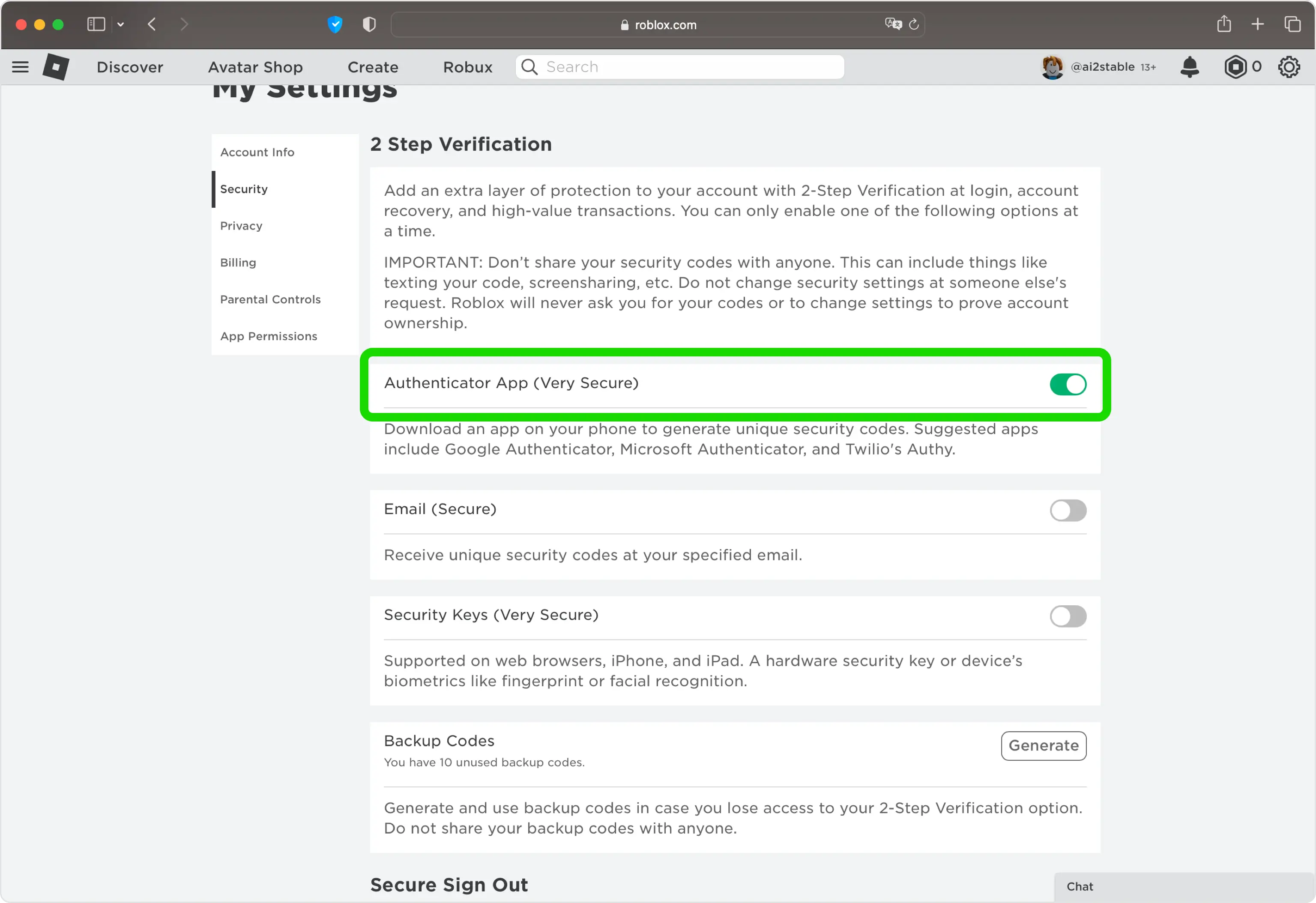 Roblox confirmation that 2-Step Verification with an authenticator app is turned on