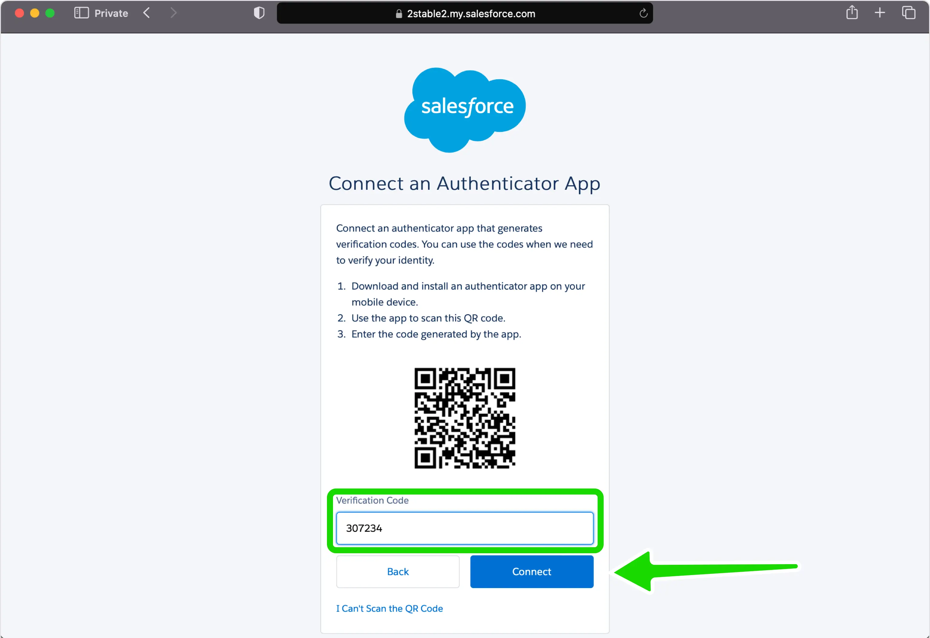 salesforce 2FA setup — Confirm OTP code